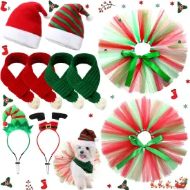 10 Pcs Pet Costume Set - Green & Red Dog Knit Scarf, Tutu Skirts, Elf Santa Hats, Adjustable Headbands - Christmas Accessories