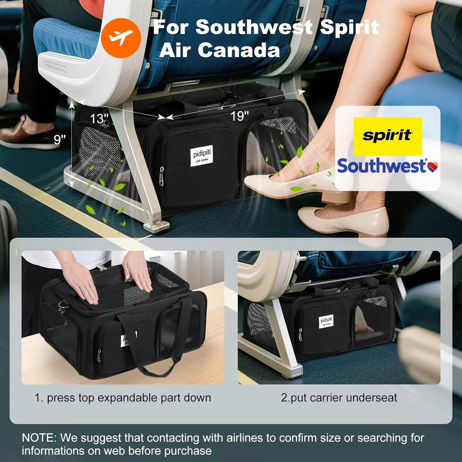 19x13x9 TSA Approved top Expandable pet Carrier for Small Dog Puppy cat up to 12 lbs Weight and 18'' Length, for Southwest Spirit Canada Airlines(Black)