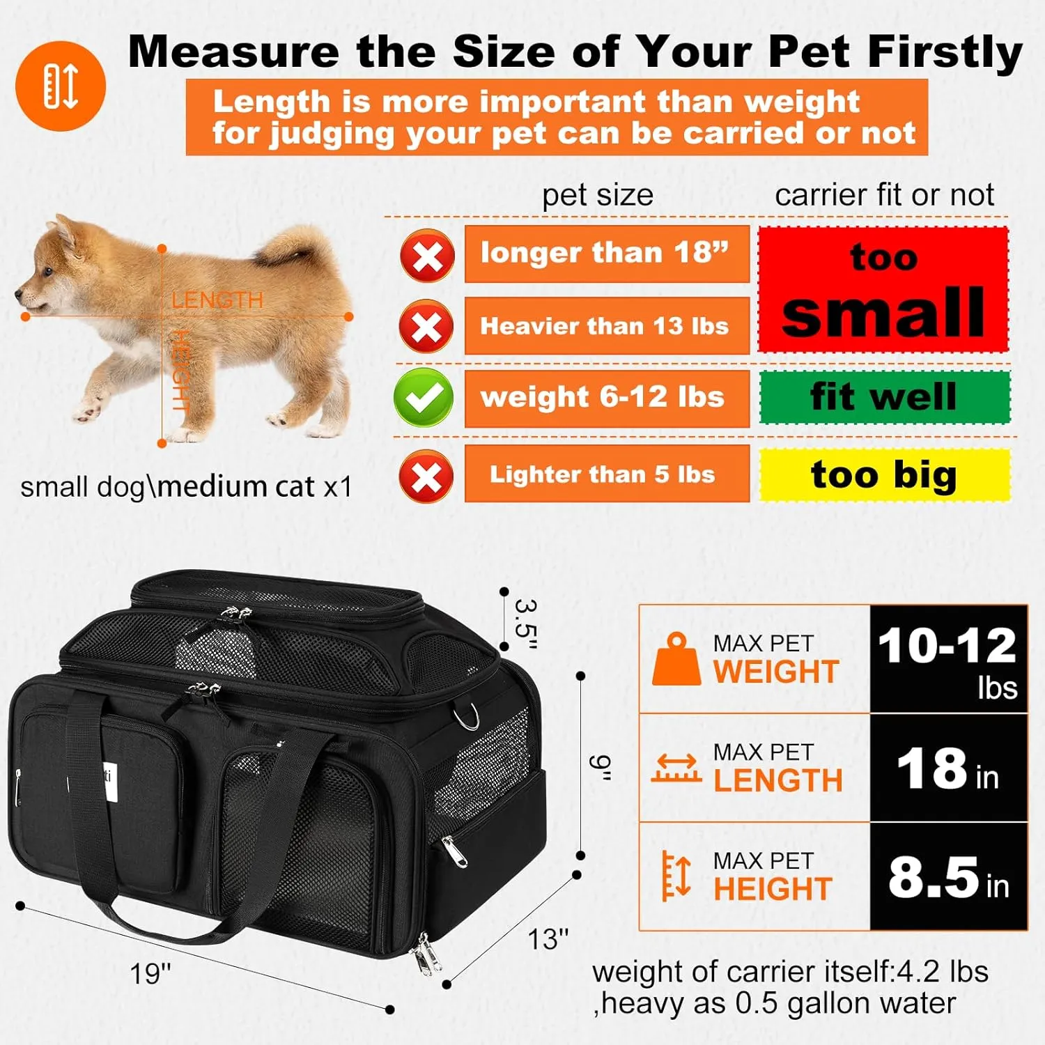19x13x9 TSA Approved top Expandable pet Carrier for Small Dog Puppy cat up to 12 lbs Weight and 18'' Length, for Southwest Spirit Canada Airlines(Black)