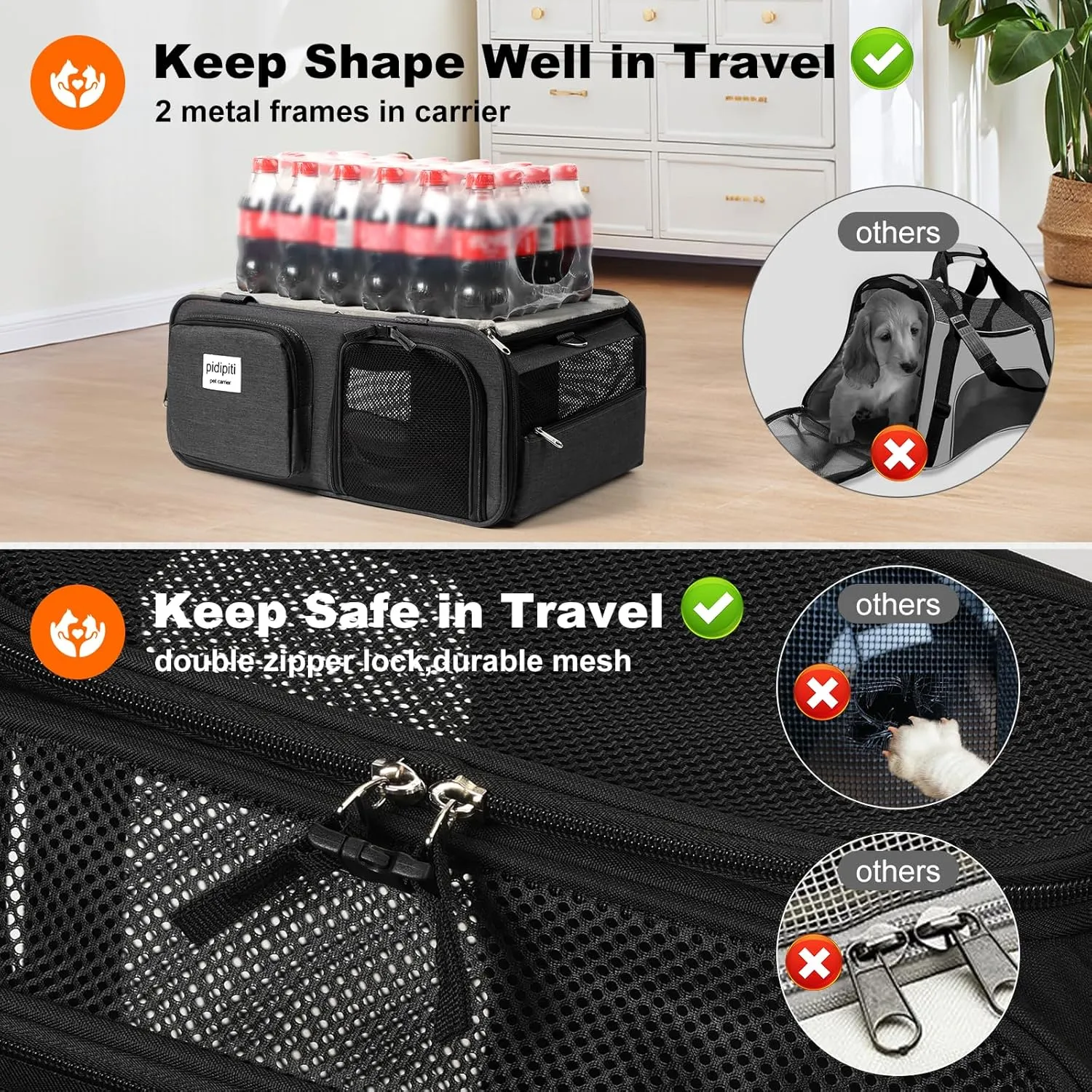 19x13x9 TSA Approved top Expandable pet Carrier for Small Dog Puppy cat up to 12 lbs Weight and 18'' Length, for Southwest Spirit Canada Airlines(Black)