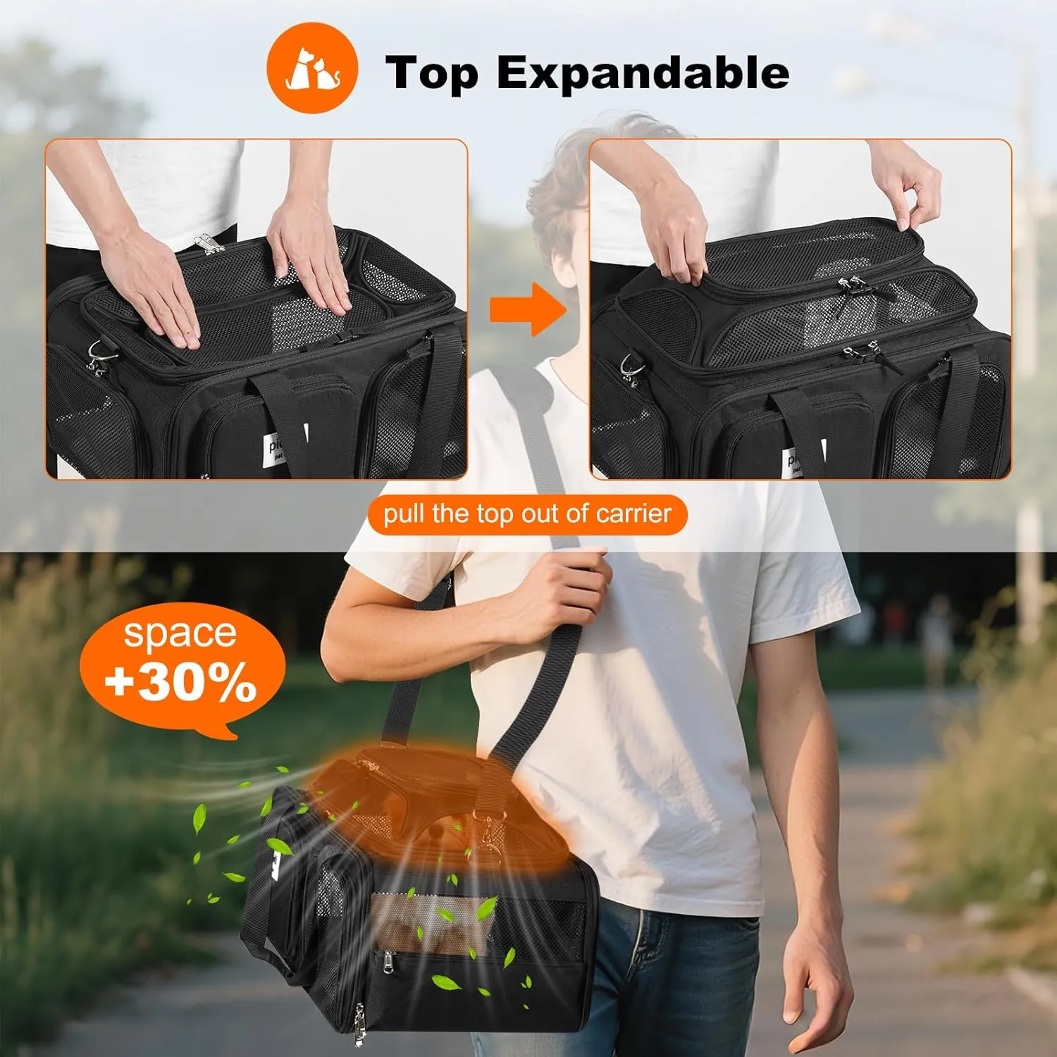 19x13x9 TSA Approved top Expandable pet Carrier for Small Dog Puppy cat up to 12 lbs Weight and 18'' Length, for Southwest Spirit Canada Airlines(Black)