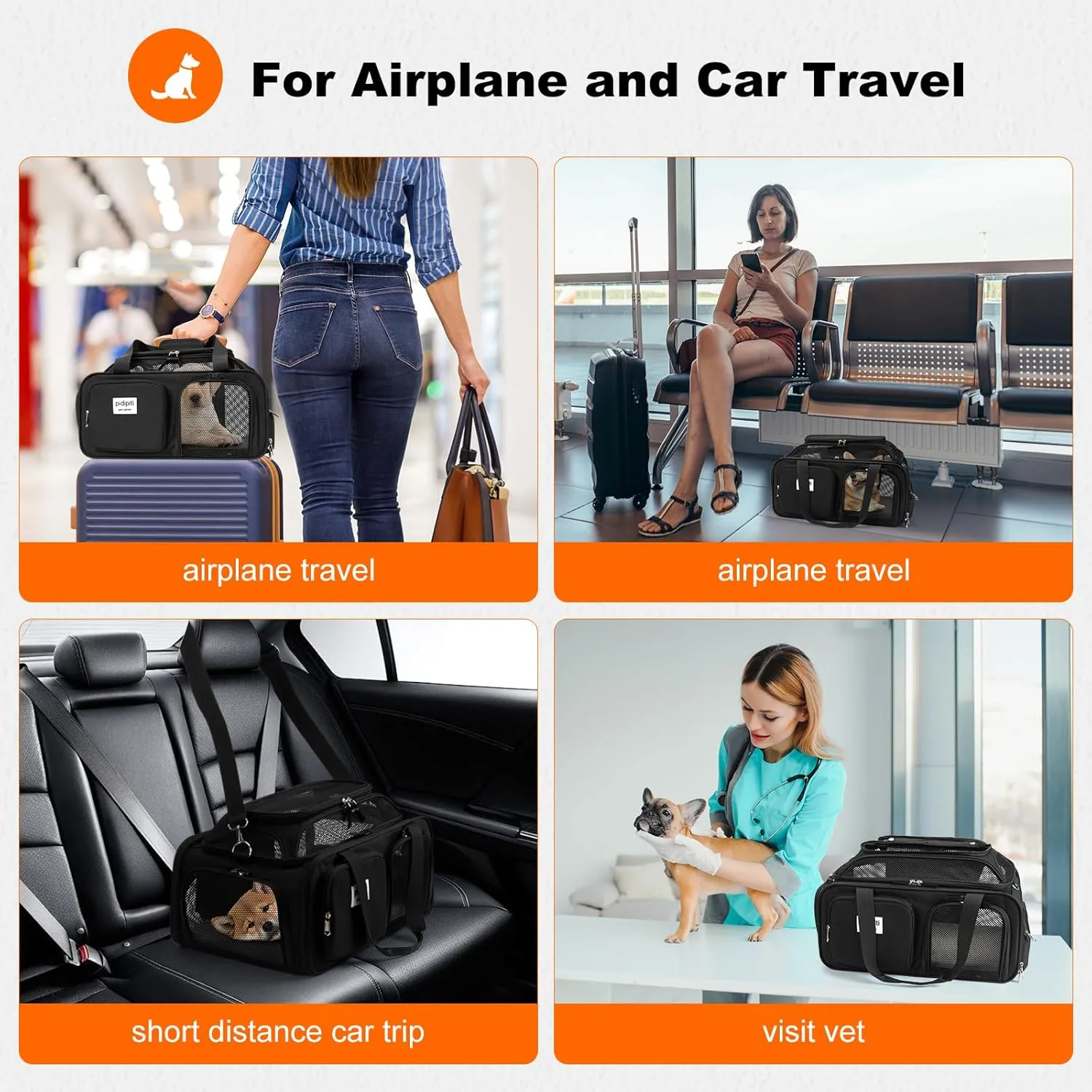 19x13x9 TSA Approved top Expandable pet Carrier for Small Dog Puppy cat up to 12 lbs Weight and 18'' Length, for Southwest Spirit Canada Airlines(Black)