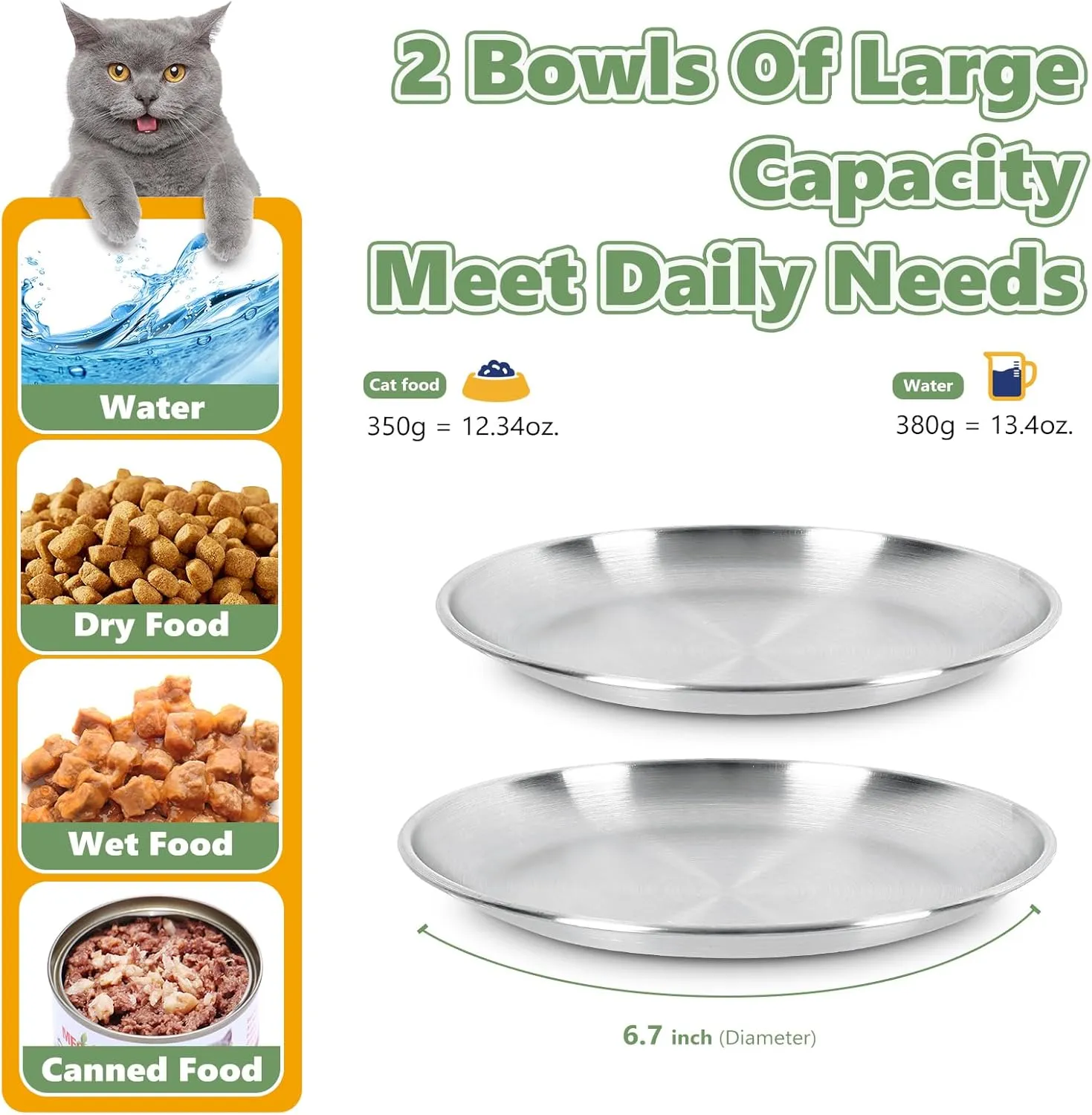 2-Pack Stainless Steel Cat Food Bowls  6.7" Shallow, Whisker-Friendly Non-Slip Silicone Base,Easy to Clean Indoor Feeding Dishes(13 OZ)