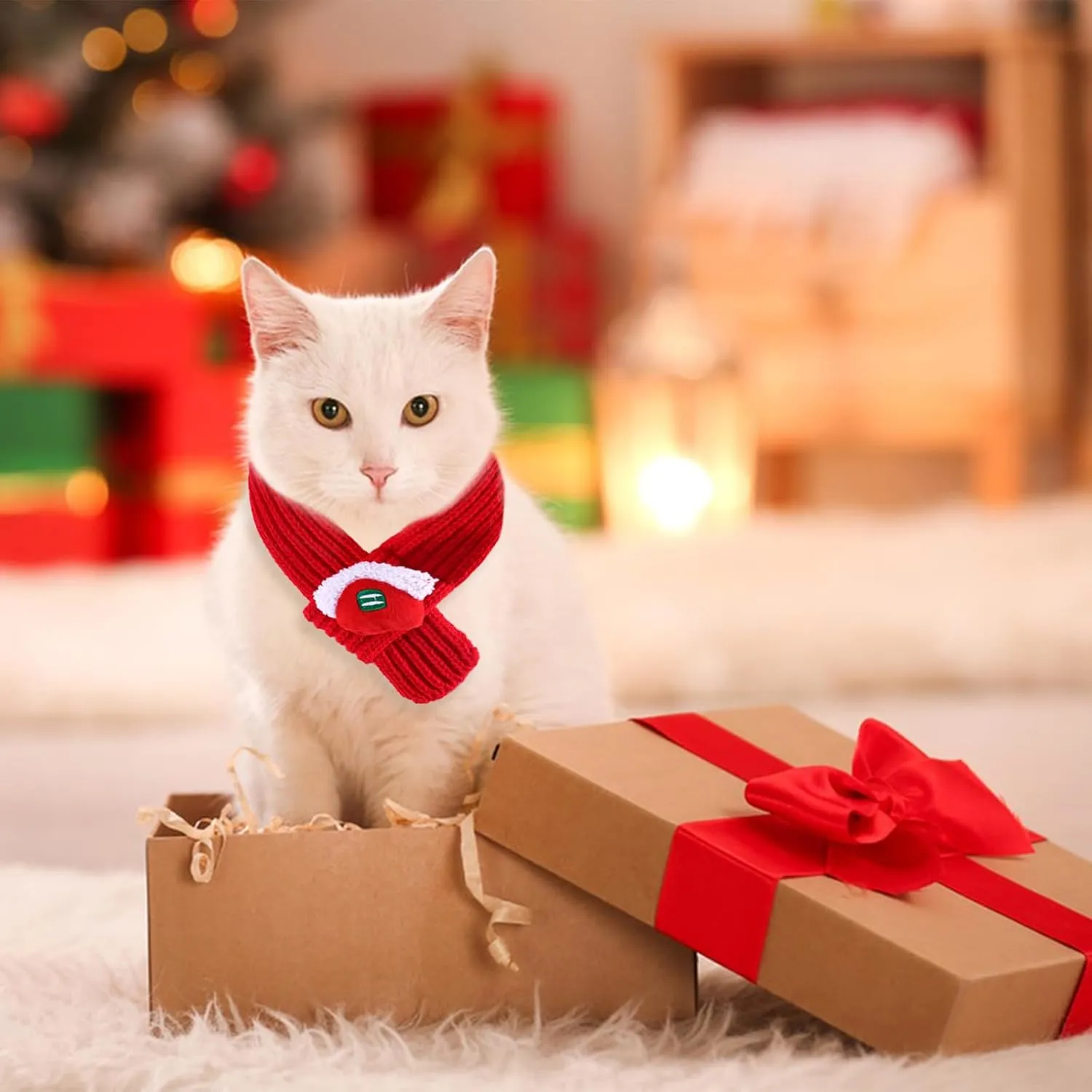 2 Pieces Christmas Pet Scarf Knitted Pet Collar Winter Cat Neck Warmer Solid Pet Scarf Puppy Cat Costume Accessories Mini Knitted Scarf for Small to Medium Pets (Solid - Plush, Medium)
