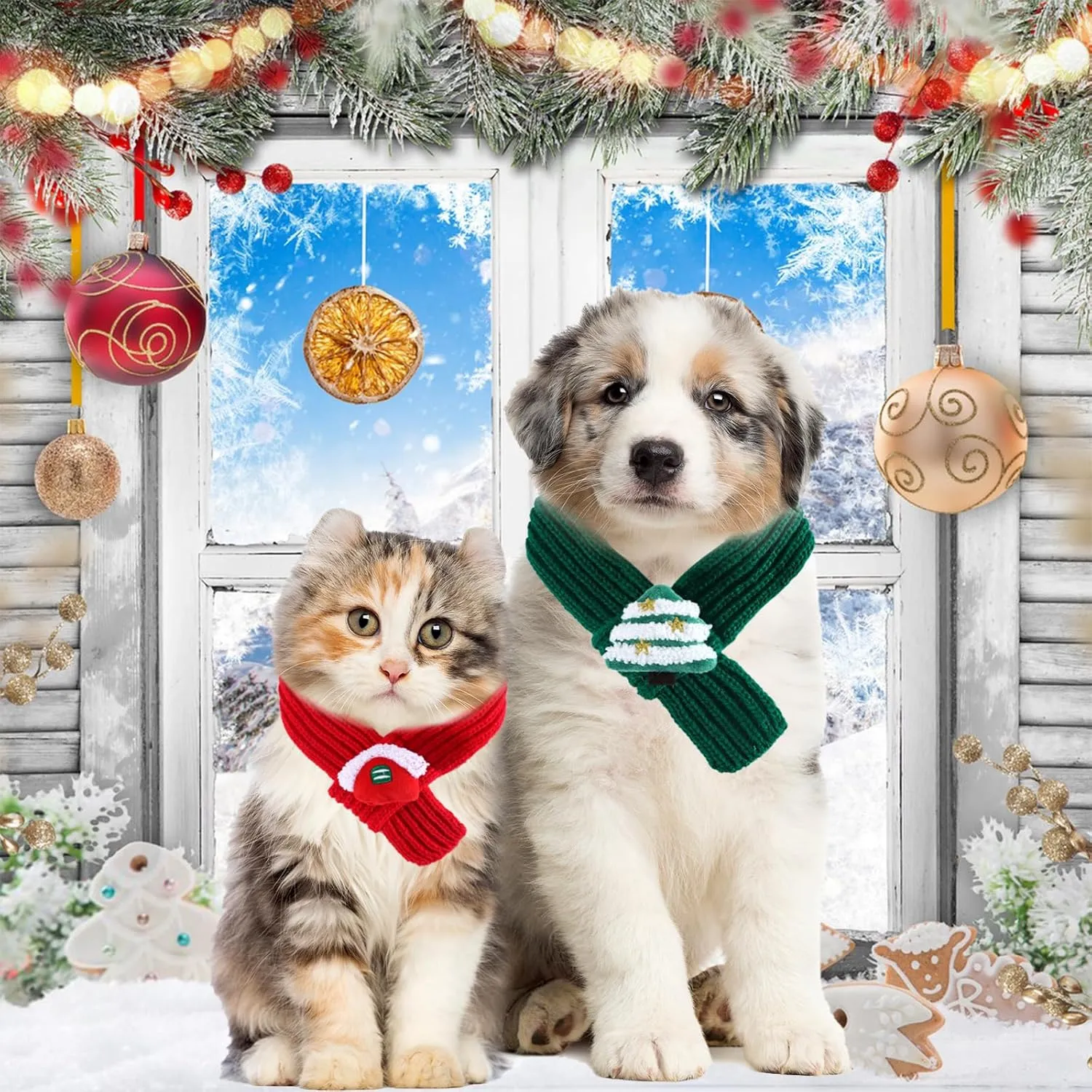 2 Pieces Christmas Pet Scarf Knitted Pet Collar Winter Cat Neck Warmer Solid Pet Scarf Puppy Cat Costume Accessories Mini Knitted Scarf for Small to Medium Pets (Solid - Plush, Medium)