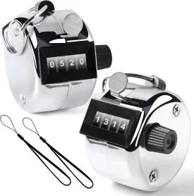 2PCS Premium One Hand Counter Clicker, Silver Metal Clicker Counter, Manual Mechanical People Counter Clicker with Nylon Lanyard, 4-Digit Number Count Tally Counter Clicker for Golf, Lap & Row Etc.