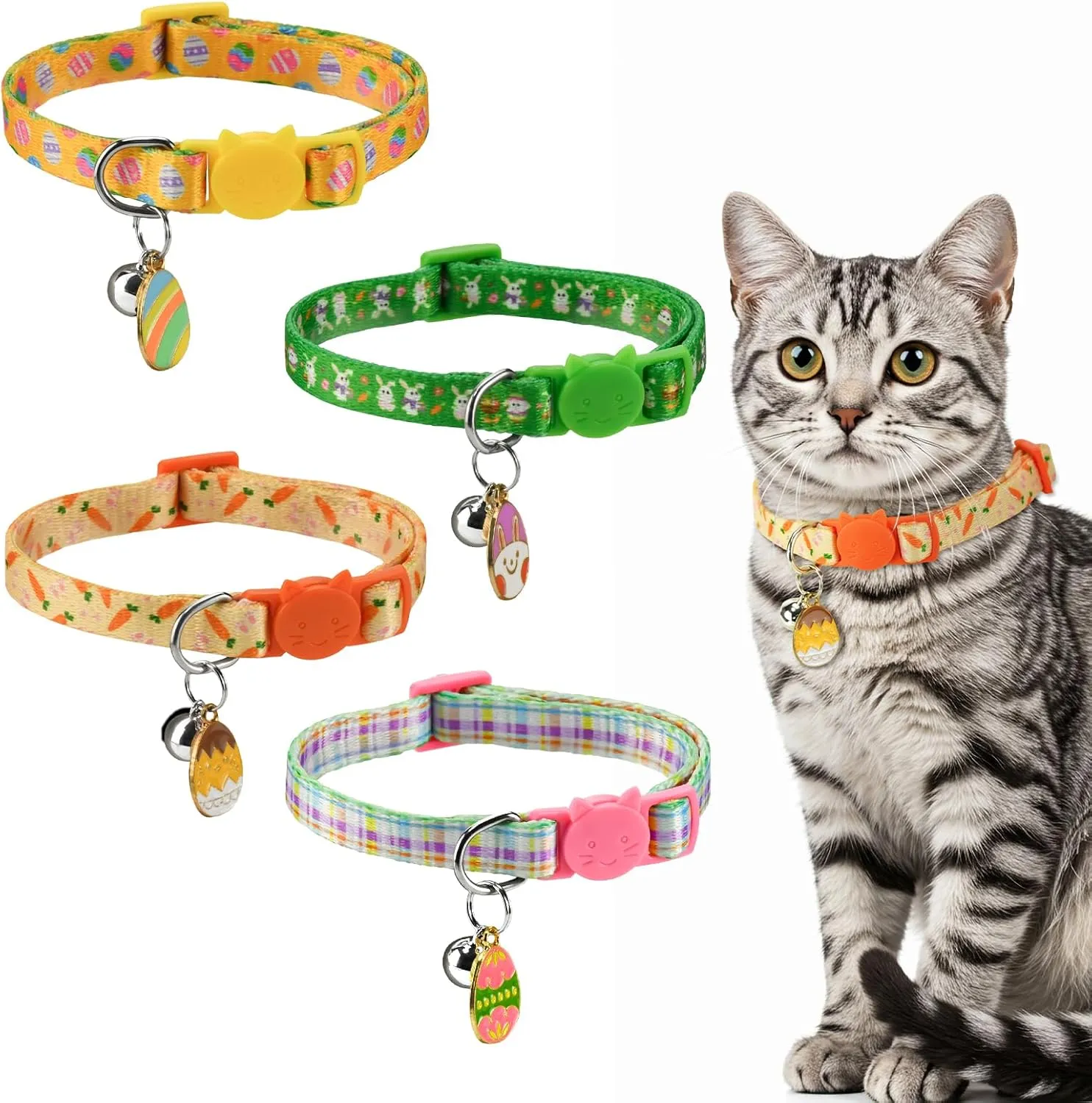 4PCS Easter Cat Breakaway Collars with Bells Easter Egg Pendants for Female Kitten Puppy Adjustable Collars for Cats Small Dogs