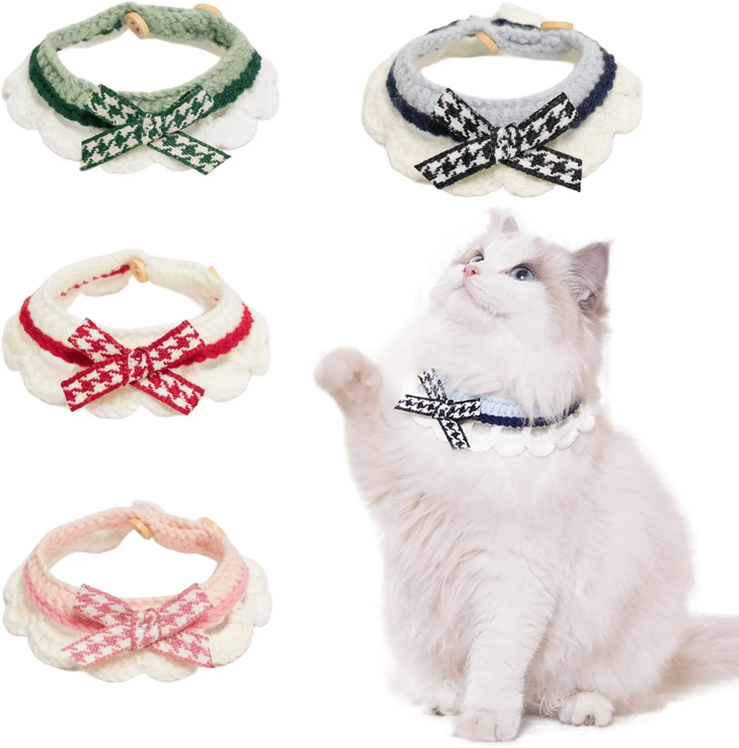 4PCS Knitted Cat Collars, Cute Kitten Collars, Fall Cat Collar with Button, Adjustable Bow Tie Puppy Collars, Milk Cotton Yarn Woven Scarf Pet Collars for Kitty Small Dog (M)