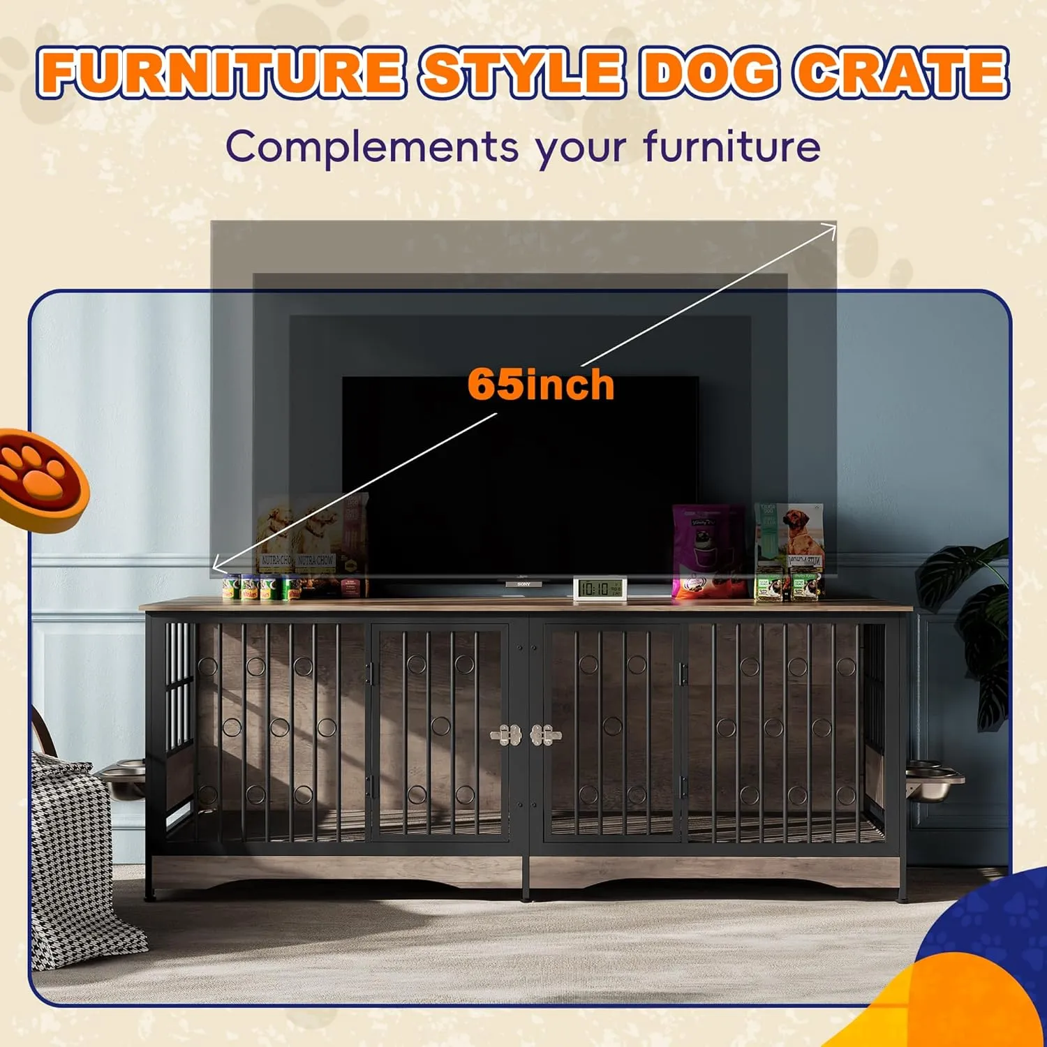 75'' Dog Crate Furniture Large Storage TV Stand with Dual Cushion / 4 Bowls/Double Rooms, Wooden Dog Kennel Dog Crate End Table with Removable Divider for Large Medium Dogs, Greige