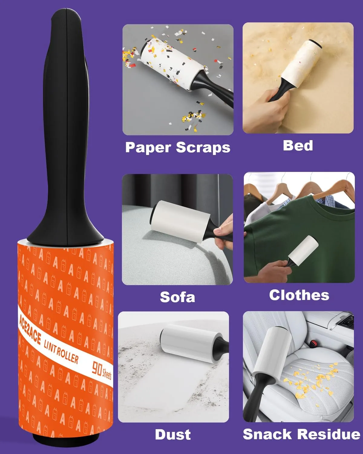 ACE2ACE Lint Rollers for Pet Hair Extra Sticky, 270 Sheets Lint Roller Refills for Clothes, Reusable Lint Roller Pack for Clothing, Carpet, Dog & Cat Hair Removal, 3 Rollers  3 Handle, Black