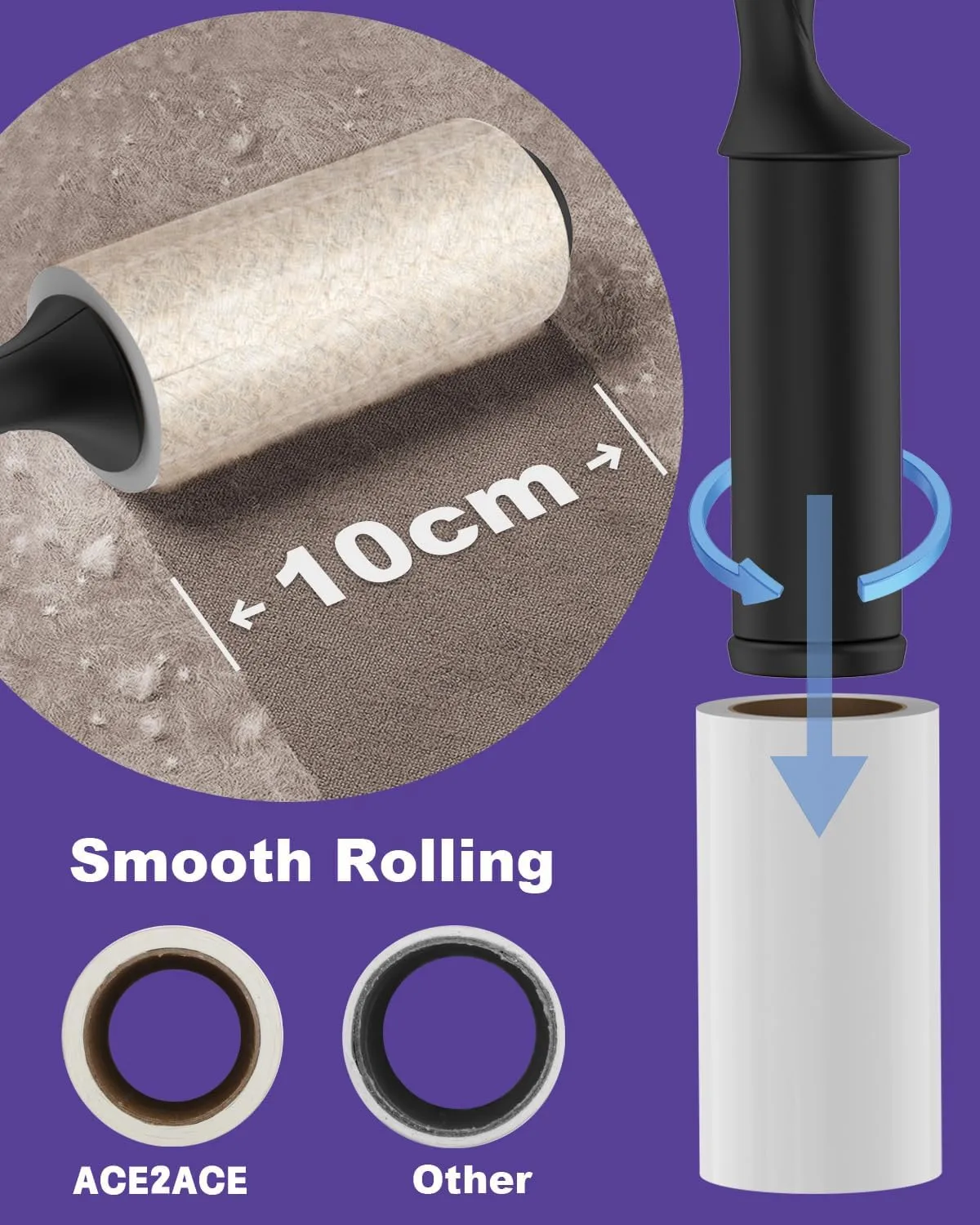 ACE2ACE Lint Rollers for Pet Hair Extra Sticky, 270 Sheets Lint Roller Refills for Clothes, Reusable Lint Roller Pack for Clothing, Carpet, Dog & Cat Hair Removal, 3 Rollers  3 Handle, Black