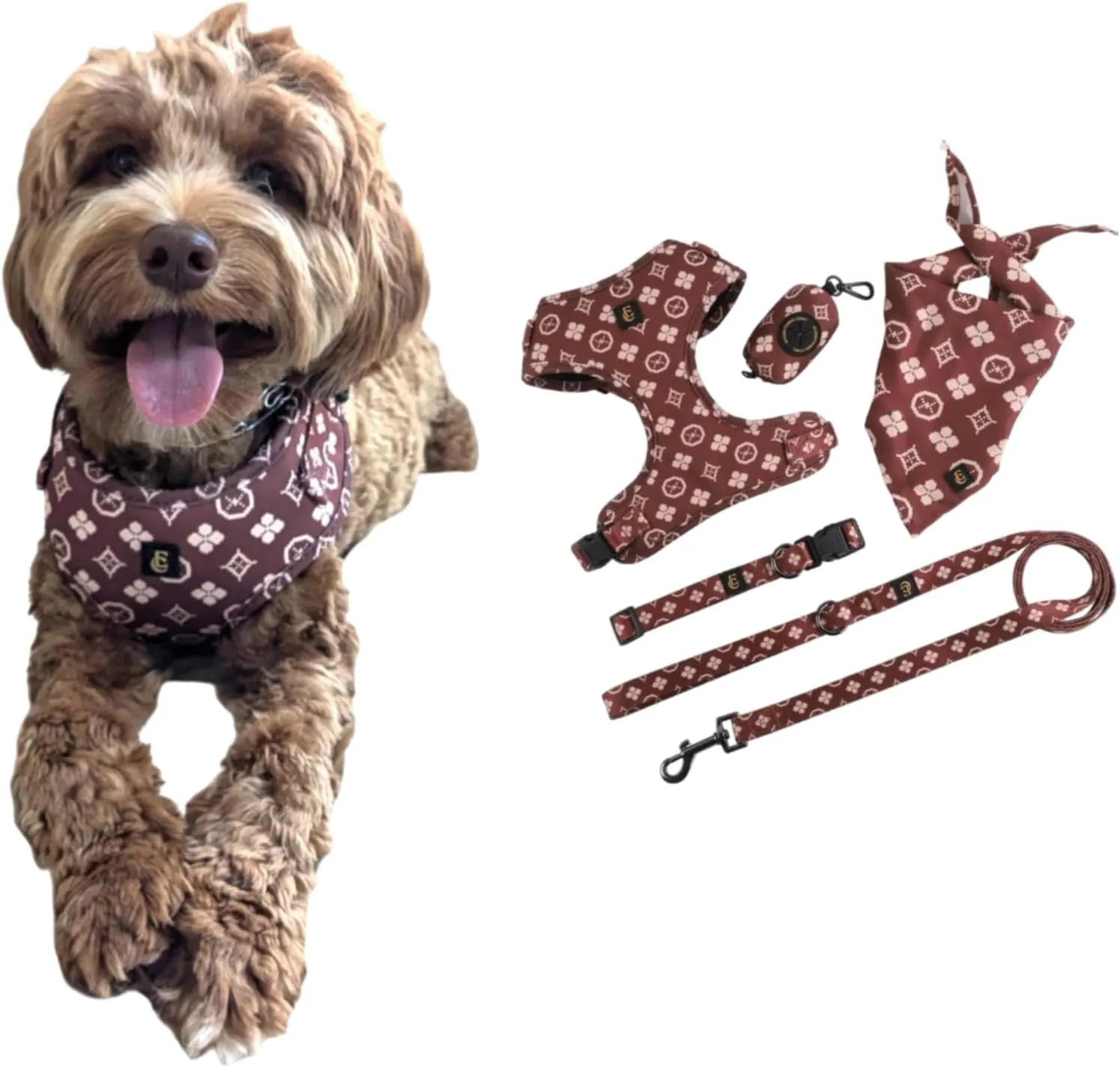 Adjustable Dog Harness, Leash, Poop Bag Holder/Dispenser and Bandana Set, No Pull, Soft Mesh Padded, for Small/Medium Dogs, Outdoor Walking/Running (Small, Chewy Pawtton)