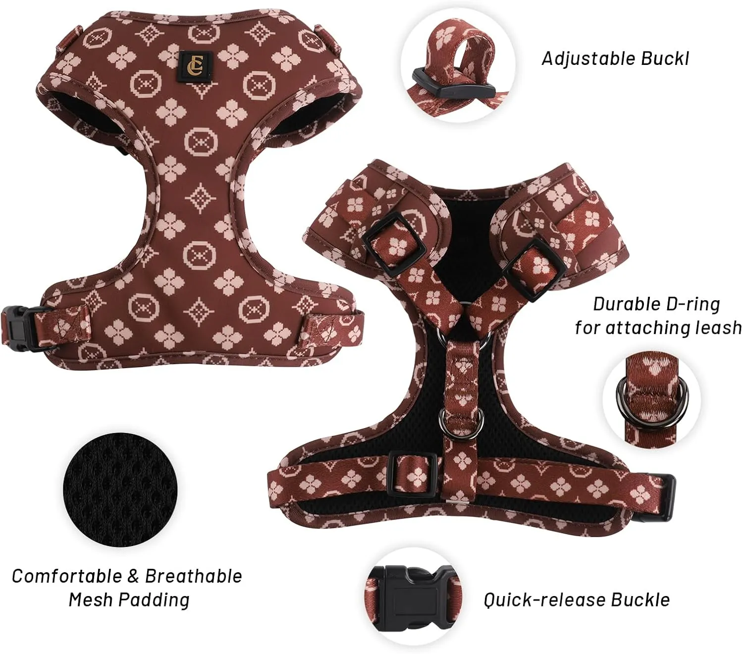 Adjustable Dog Harness, Leash, Poop Bag Holder/Dispenser and Bandana Set, No Pull, Soft Mesh Padded, for Small/Medium Dogs, Outdoor Walking/Running (Small, Chewy Pawtton)