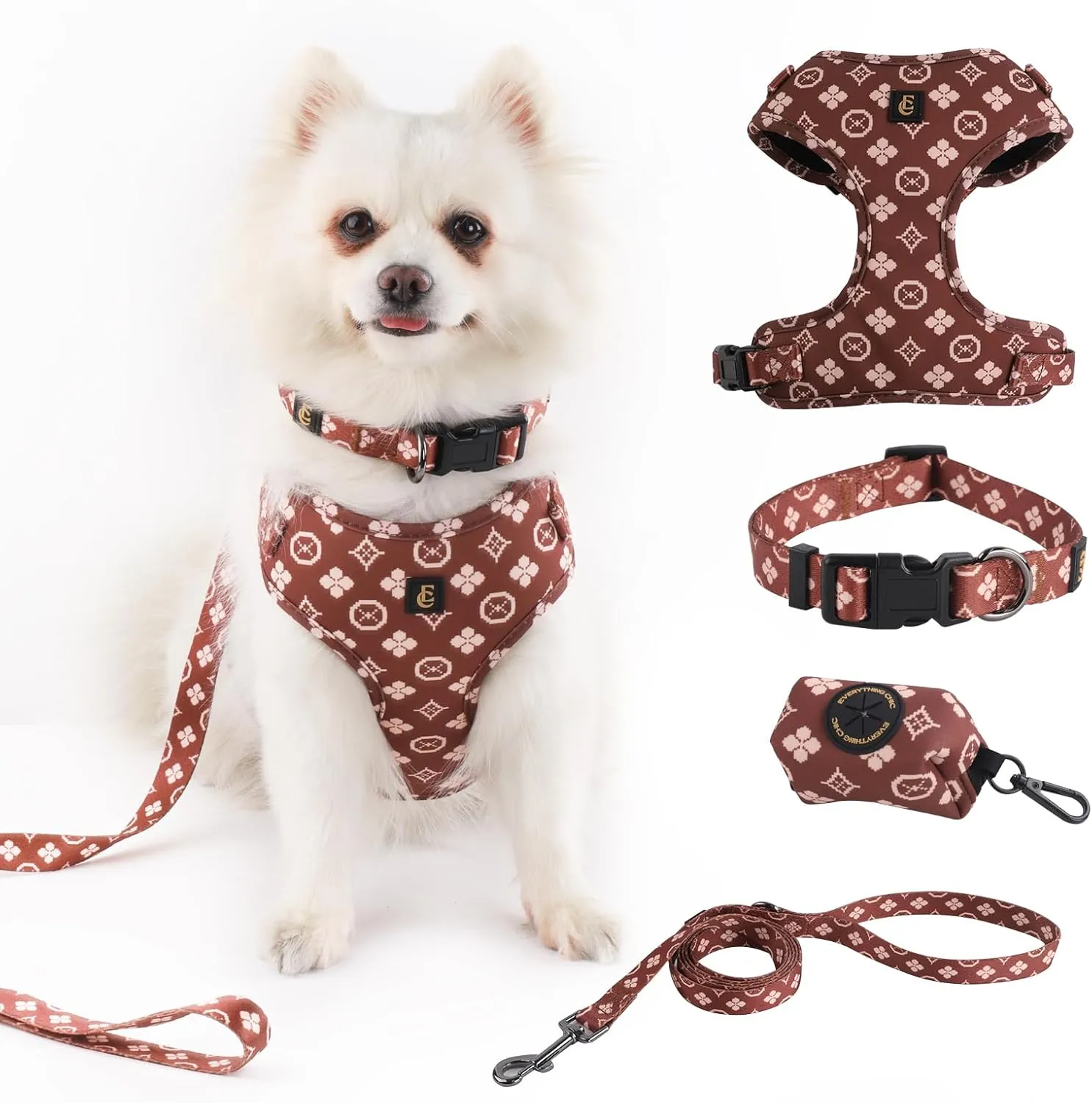 Adjustable Dog Harness, Leash, Poop Bag Holder/Dispenser and Bandana Set, No Pull, Soft Mesh Padded, for Small/Medium Dogs, Outdoor Walking/Running (Small, Chewy Pawtton)