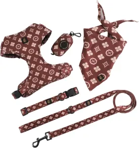 Adjustable Dog Harness, Leash, Poop Bag Holder/Dispenser and Bandana Set, No Pull, Soft Mesh Padded, for Small/Medium Dogs, Outdoor Walking/Running (Small, Chewy Pawtton)