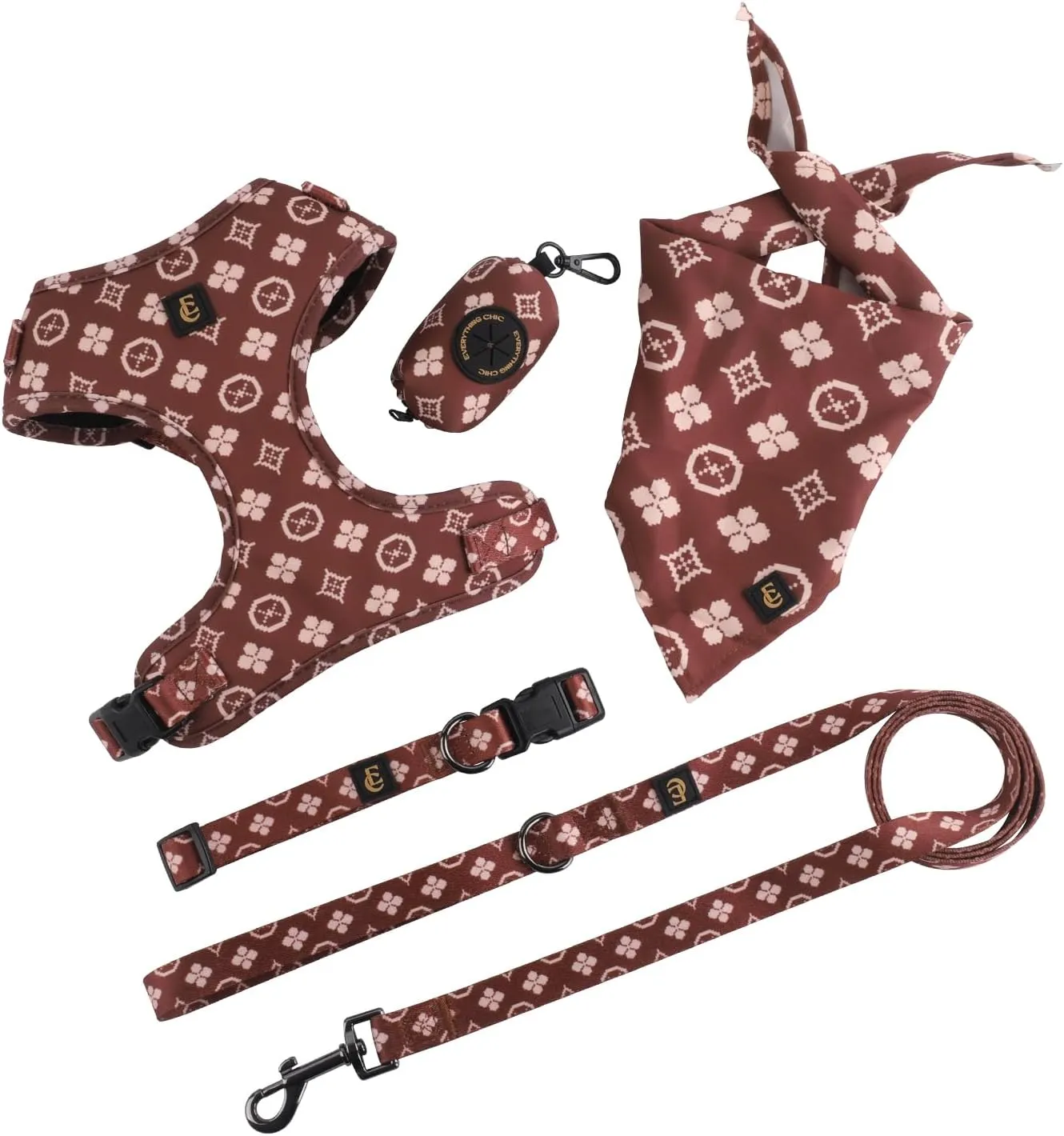Adjustable Dog Harness, Leash, Poop Bag Holder/Dispenser and Bandana Set, No Pull, Soft Mesh Padded, for Small/Medium Dogs, Outdoor Walking/Running (Small, Chewy Pawtton)