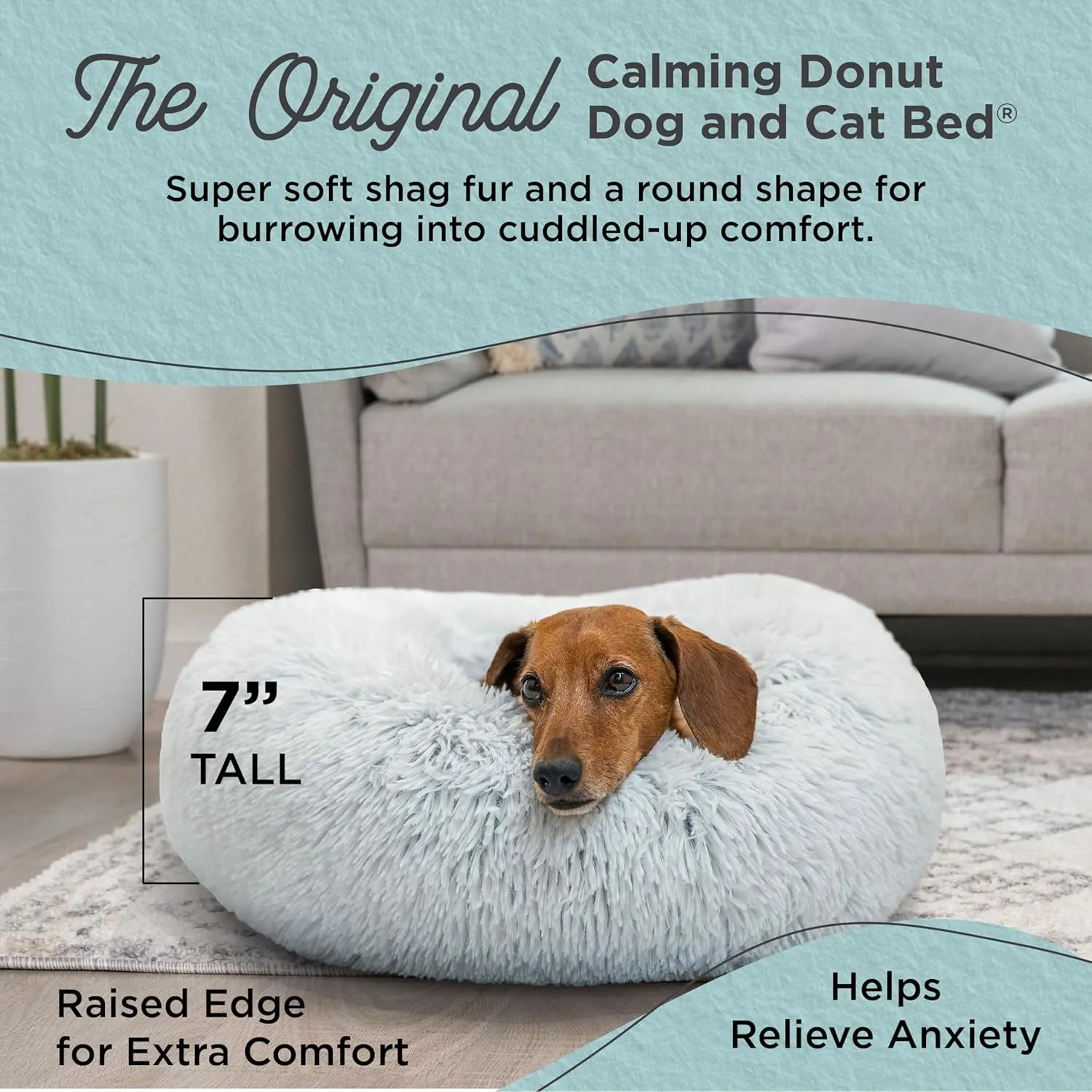 Best Friends by Sheri Original Calming Donut Dog and Cat Bed, Shag Faux Fur, Frost Gray, Small (23x23) - Helps Provide Anxiety Relief for Pets