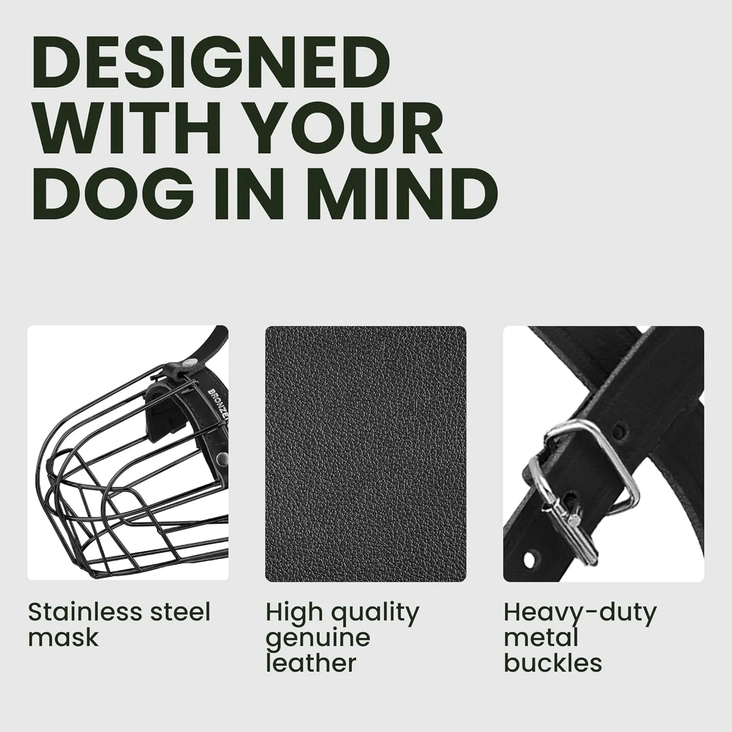 BRONZEDOG Pitbull Dog Muzzle Metal Mask Amstaff Wire Basket Pit Bull Adjustable Leather Straps for Large Dogs (Steel)