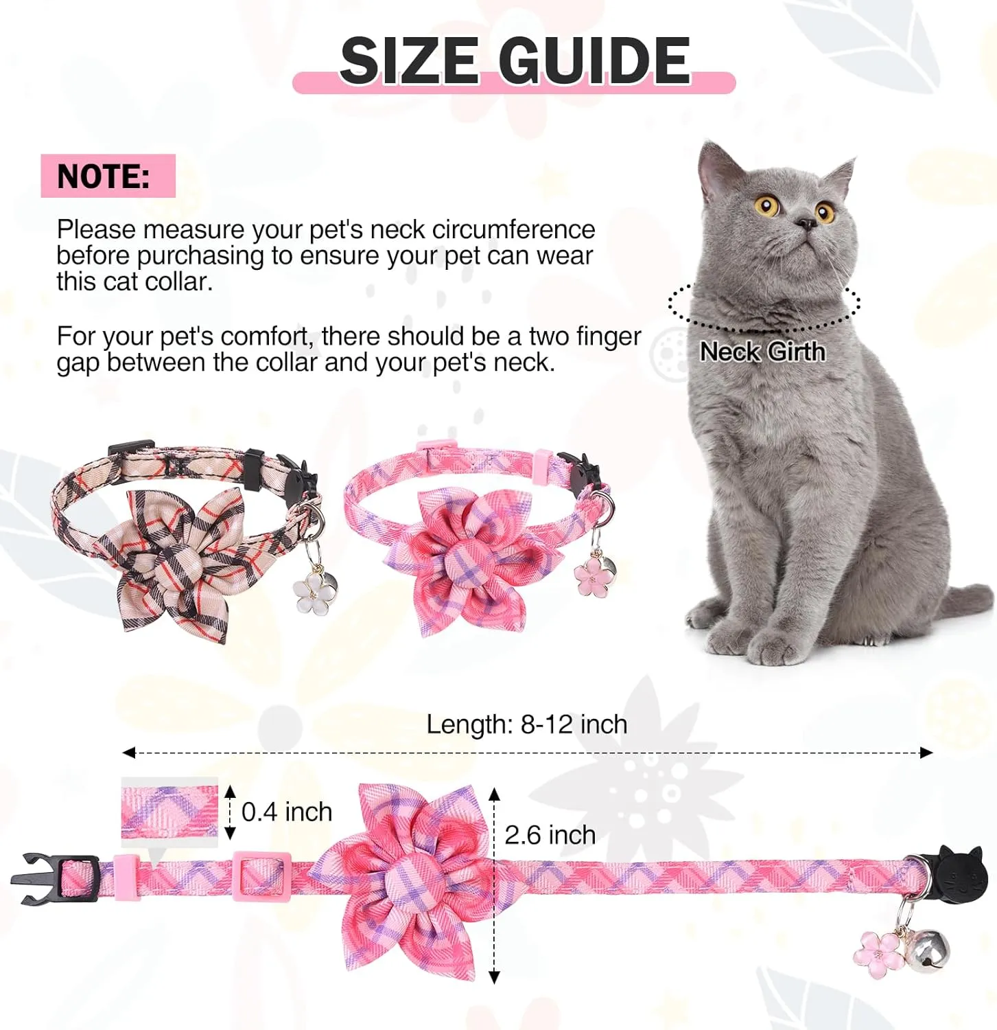Cat Collar with Bells- Breakaway Cat Collar for Girl Cats- Flower Cat Collars with Removable Floral Safety Buckle- Cute Kitten Collar Adjustable 8"-12" for Kitty Puppy and Small Pets