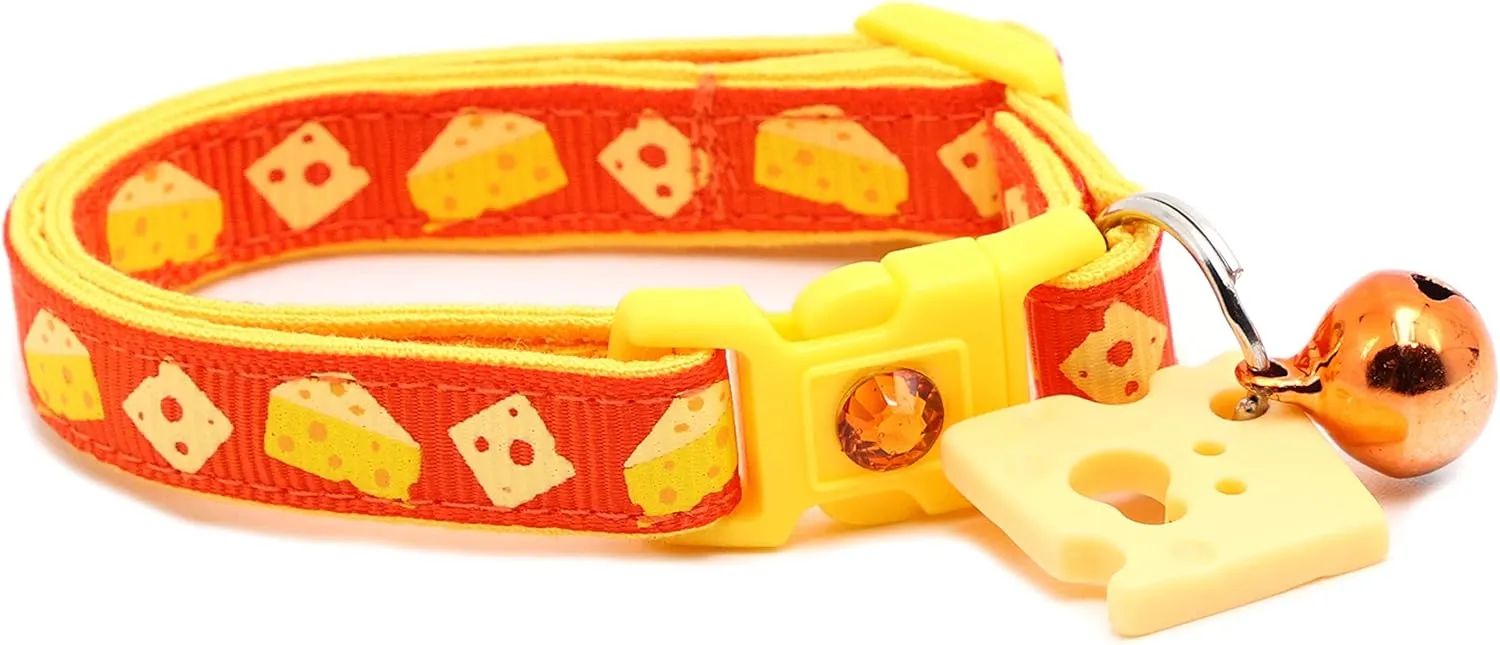 Cheese Cat Collar with Charm & Bell | Safety Breakaway Collar | Adjustable Large Size or Kitten Collar (Small(10lbs & Less), Orange)