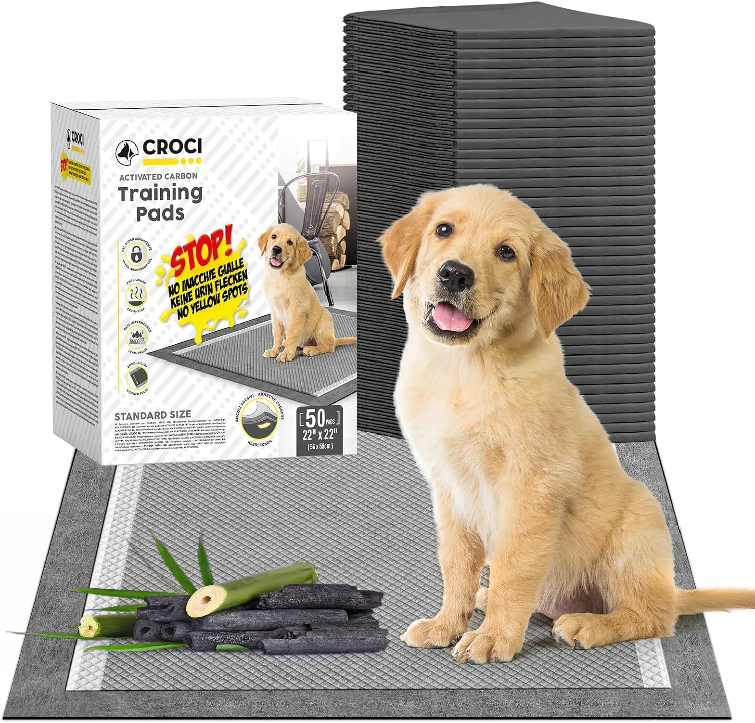 CROCI Puppy Pee Pads 22"x22" Charcoal Pee Pads, Odor-Control Charcoal Puppy Pads & Super Absorbent Dog Pads Holds Up to 4 Cups of Urine, Leak-Proof & Quick-Dry Dog Pee Pads, Disposable (50 Counts)