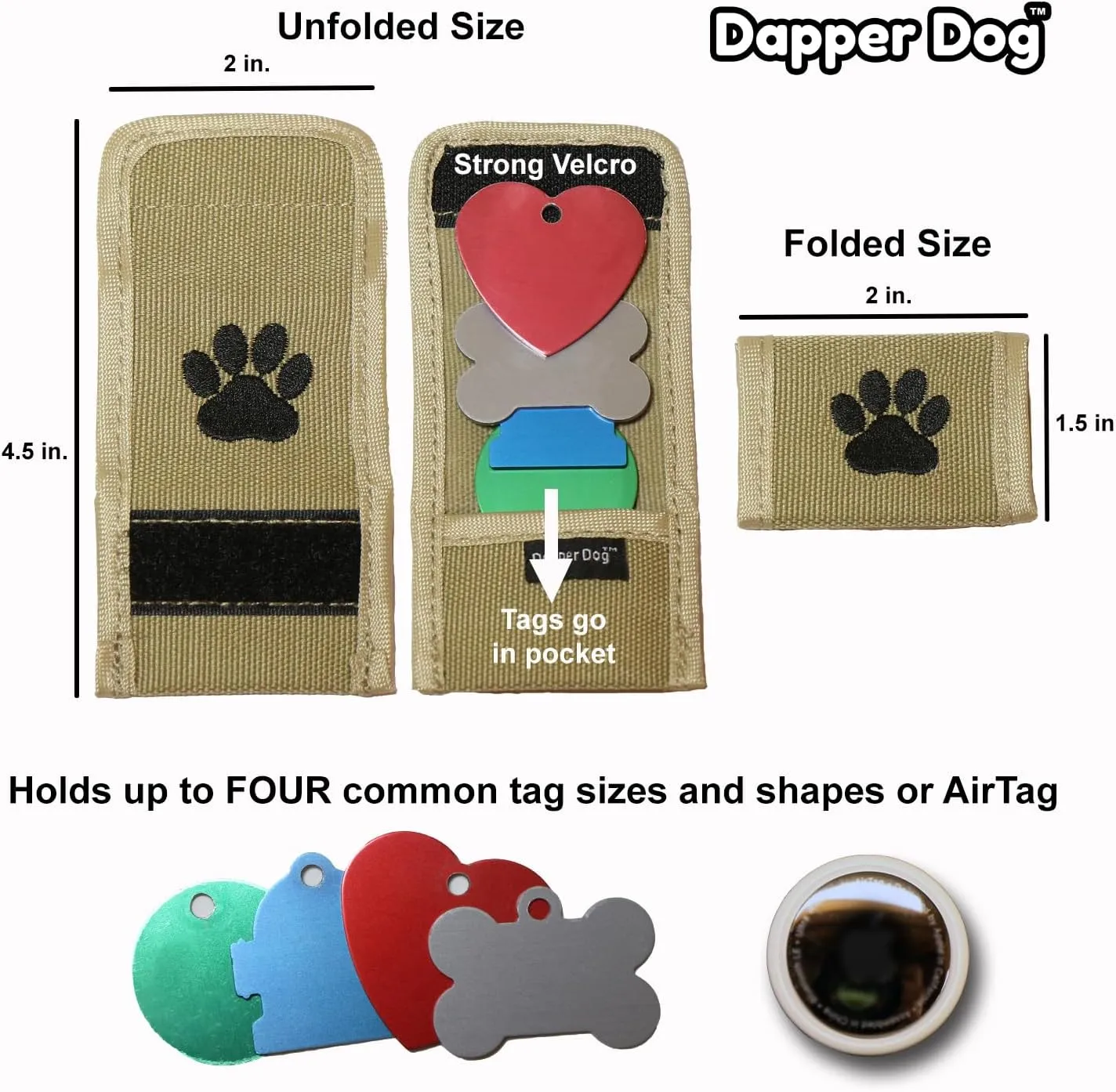 Dapper Dog Pet Tag Silencer and AirTag Holder - Ballistic Nylon (Tan with Black Paw Print)