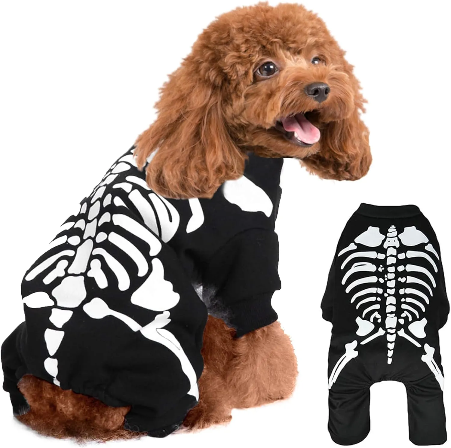 Dog Jumpsuit Halloween Skeleton Costumes Clothes Pet Skull Costumes Cold Weather Coat for Small Medium Dogs Cats Puppy Overall Pajamas Comfortable Onesies Cosplay Party Dress Up Cats (Small)