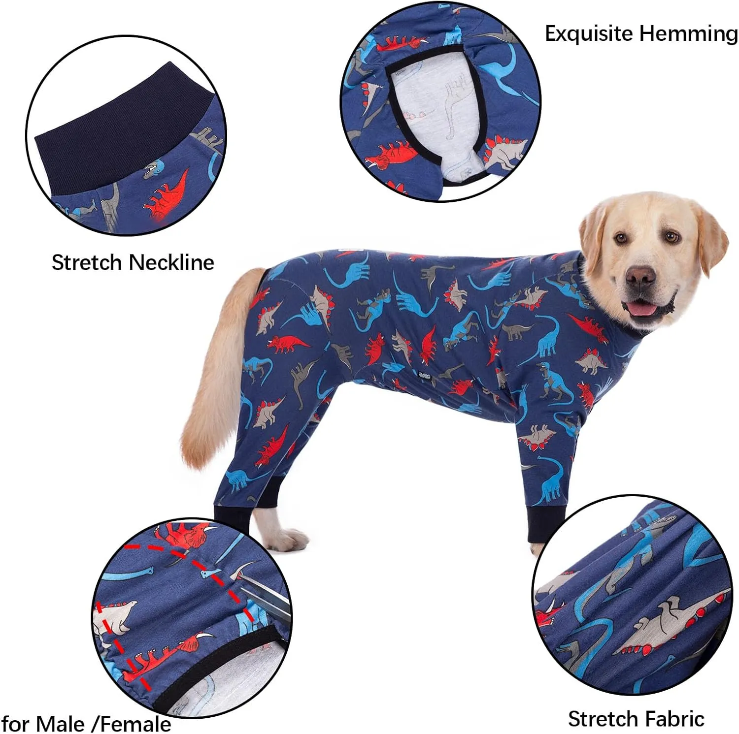 Dog Onesies for Large Dogs Cotton Dog Recovery Suit with Cute Cartoon Print Pet Clothes Apparel Onesies Full Body Coverage Dog Anxiety Shirt for Prevent Licking Wound Protection(Navy)