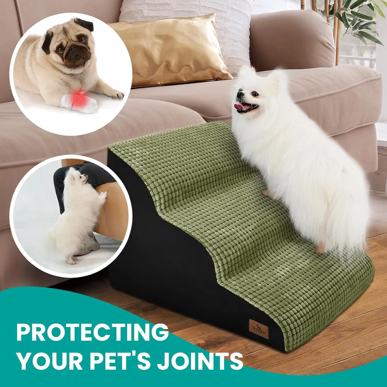 Dog Stairs for Small Dogs, 15.8 in H 3 Step Curved Dog Ramp for High Bed and Couch, Foam Dog Ramp with Durable Non-Slip Waterproof Fabric Cover, Pet Stairs for Pets Joints, Green