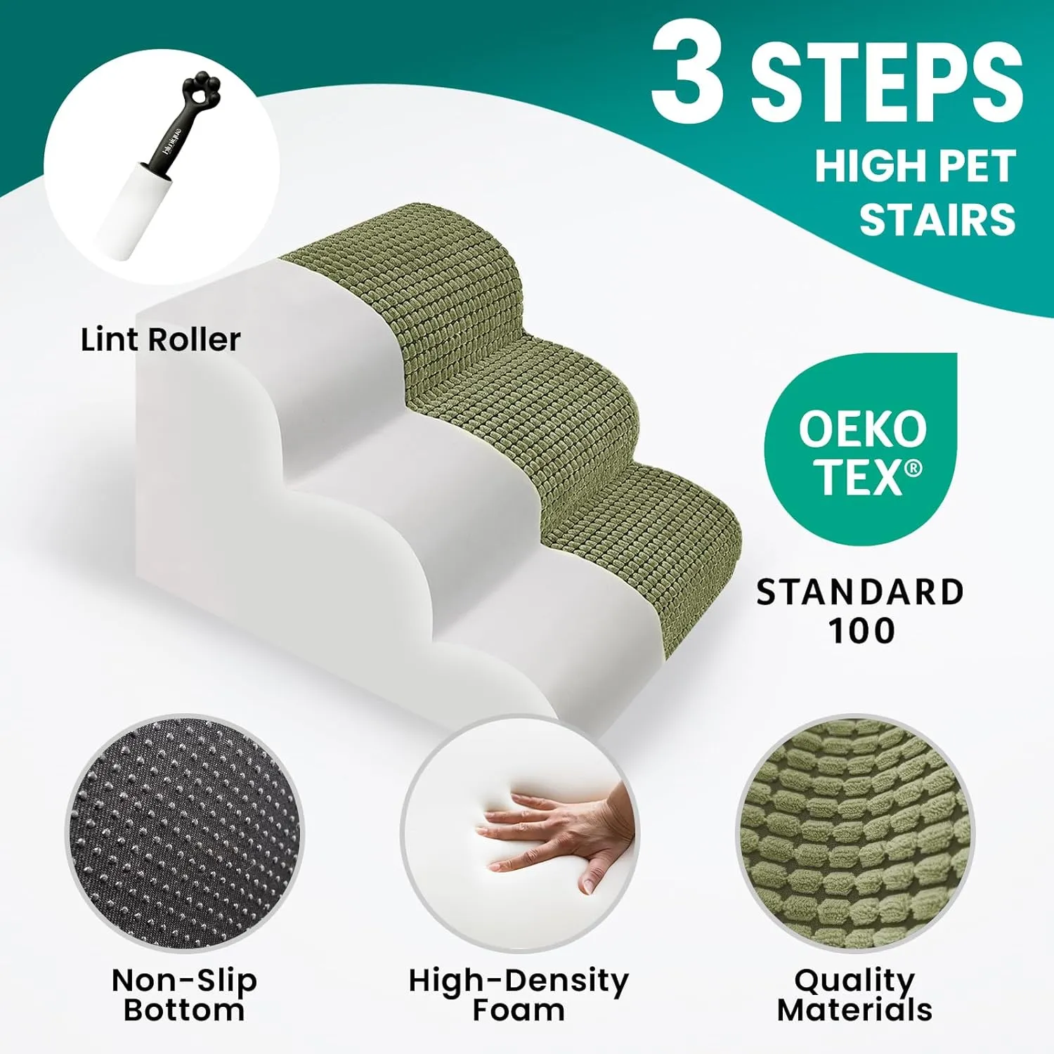 Dog Stairs for Small Dogs, 15.8 in H 3 Step Curved Dog Ramp for High Bed and Couch, Foam Dog Ramp with Durable Non-Slip Waterproof Fabric Cover, Pet Stairs for Pets Joints, Green