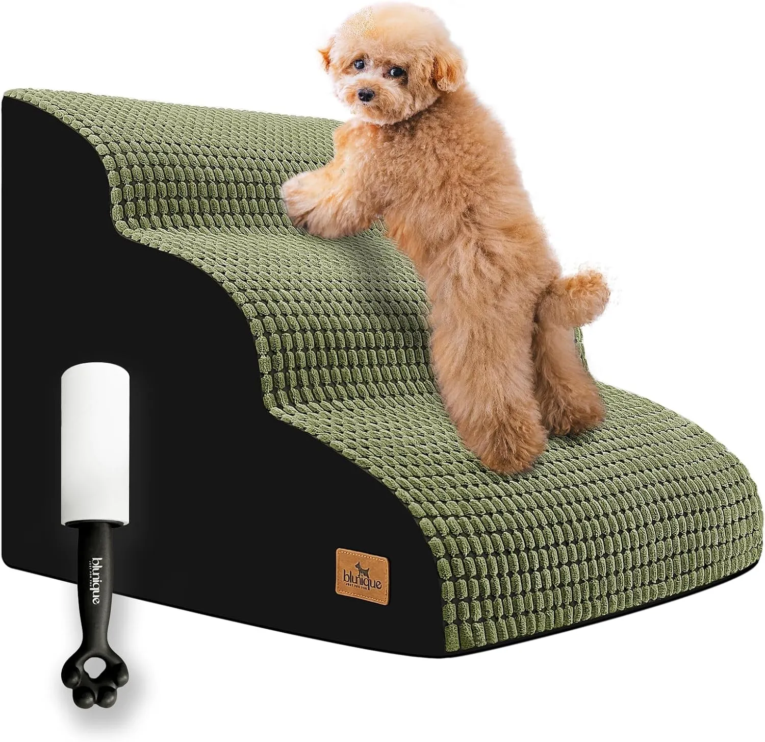 Dog Stairs for Small Dogs, 15.8 in H 3 Step Curved Dog Ramp for High Bed and Couch, Foam Dog Ramp with Durable Non-Slip Waterproof Fabric Cover, Pet Stairs for Pets Joints, Green