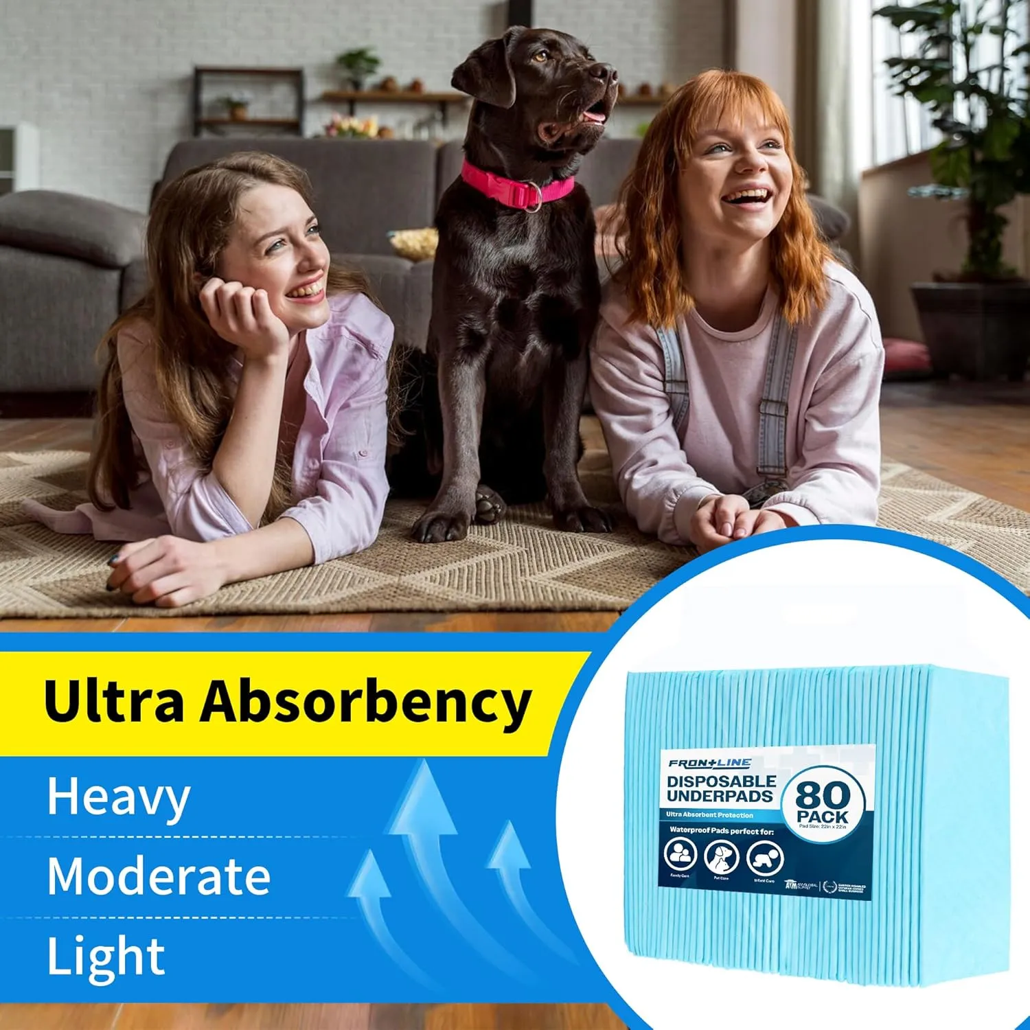 FRONTLINE Disposable Pee Pads 22'' X 22'' Ultra Absorbing Premium Heavy Duty Leakproof Underpads Puppy Essentials Pet Potty Training Wee Wee Pads Waterproof Protection for Dogs, Cats, Baby (400)