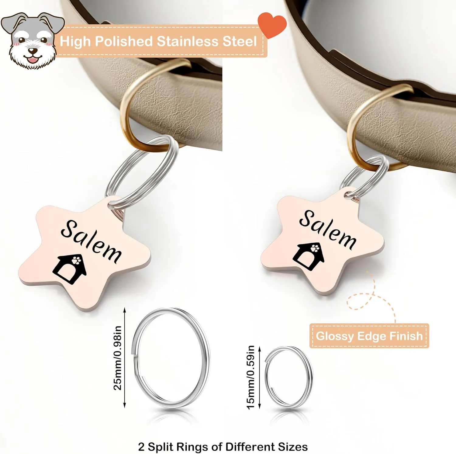 GISUREY Dog Tags Engraved Pet Tags Stainless Steel Custom Dog and Cat Name Tags Personalized Double-Sided Engraving Pet ID Tags with Trendy Icons/Symbols (Star)