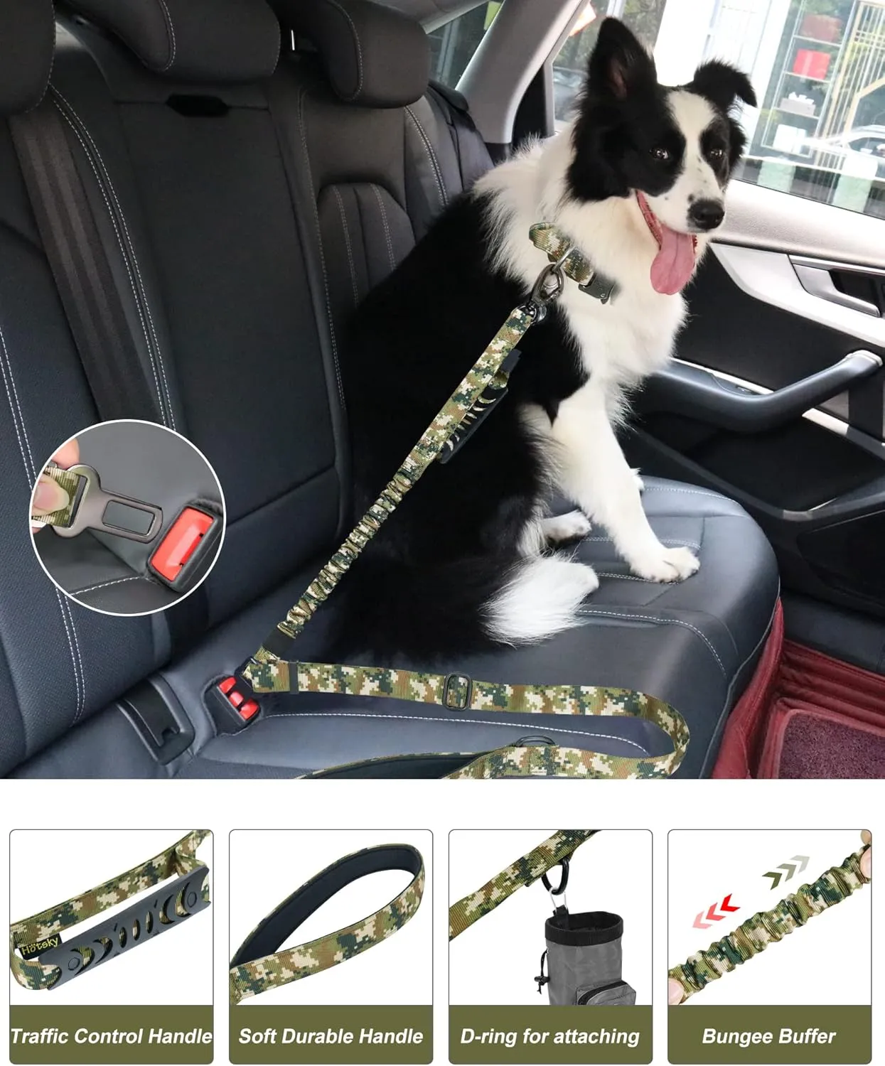Hotsky Tactical Dog Leash Heavy Duty,4-6Ft Strong Bungee Shock Absorbing Lead with Padded Double Handle,Car Seatbelt,Metal Carabiner Clip,No Pull Leash for Small Dogs,Army Camo