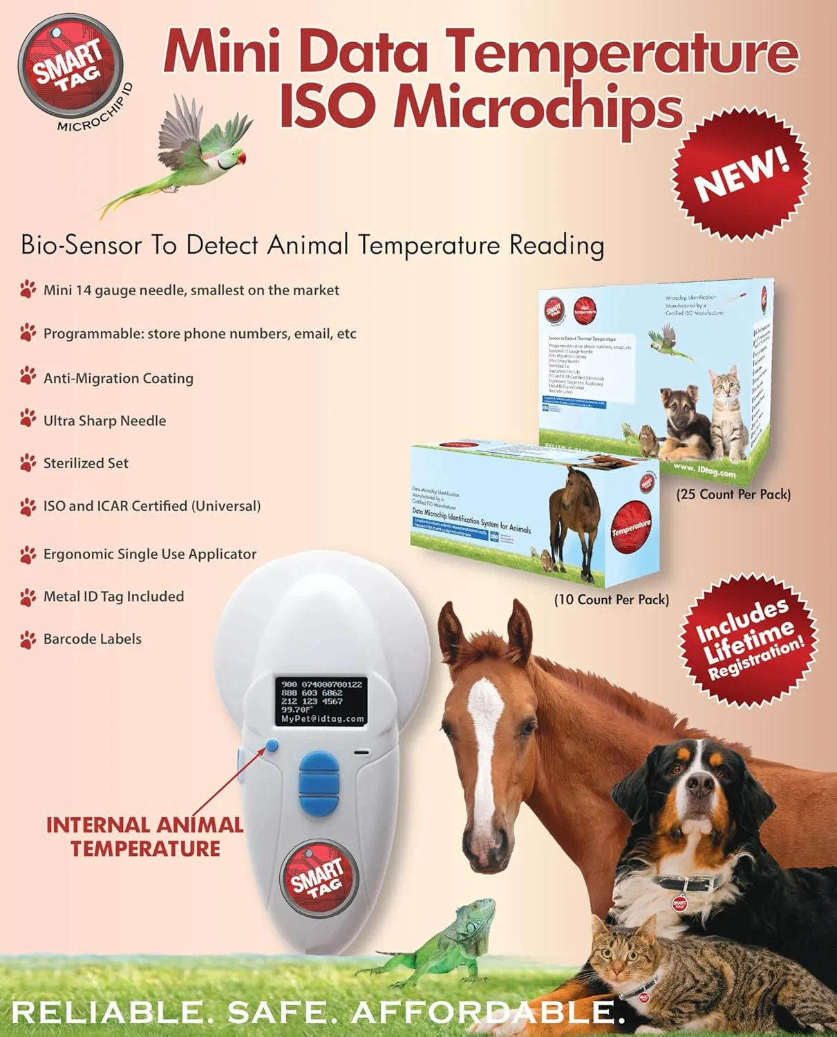 Mini ISO Data Microchip with Temperature Biosensor, Lifetime Pet Recovery Service/Free Registration, Implanter & ID Tag for Dogs, Cats & All Animals, 14 Gauge/25 Pack