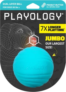 Playology Dual Layer Ball for Dogs | Engaging All Natural Peanut Butter Scented Blue Toy | Jumbo Sized Chew Ball for Large to X-Large Dogs (50 lbs  )