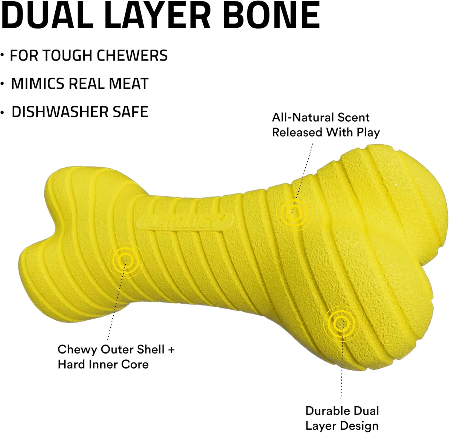 Playology Dual Layer Bone | Engaging All Natural Chicken Scented Dog Toy, Yellow Bone for Medium Dogs up to 50lbs | Interactive & Durable for Tough Chewers