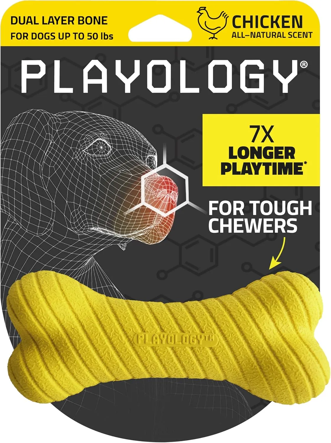 Playology Dual Layer Bone | Engaging All Natural Chicken Scented Dog Toy, Yellow Bone for Medium Dogs up to 50lbs | Interactive & Durable for Tough Chewers