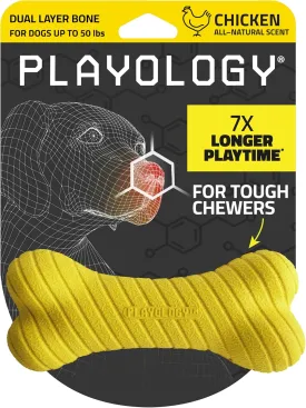 Playology Dual Layer Bone | Engaging All Natural Chicken Scented Dog Toy, Yellow Bone for Medium Dogs up to 50lbs | Interactive & Durable for Tough Chewers