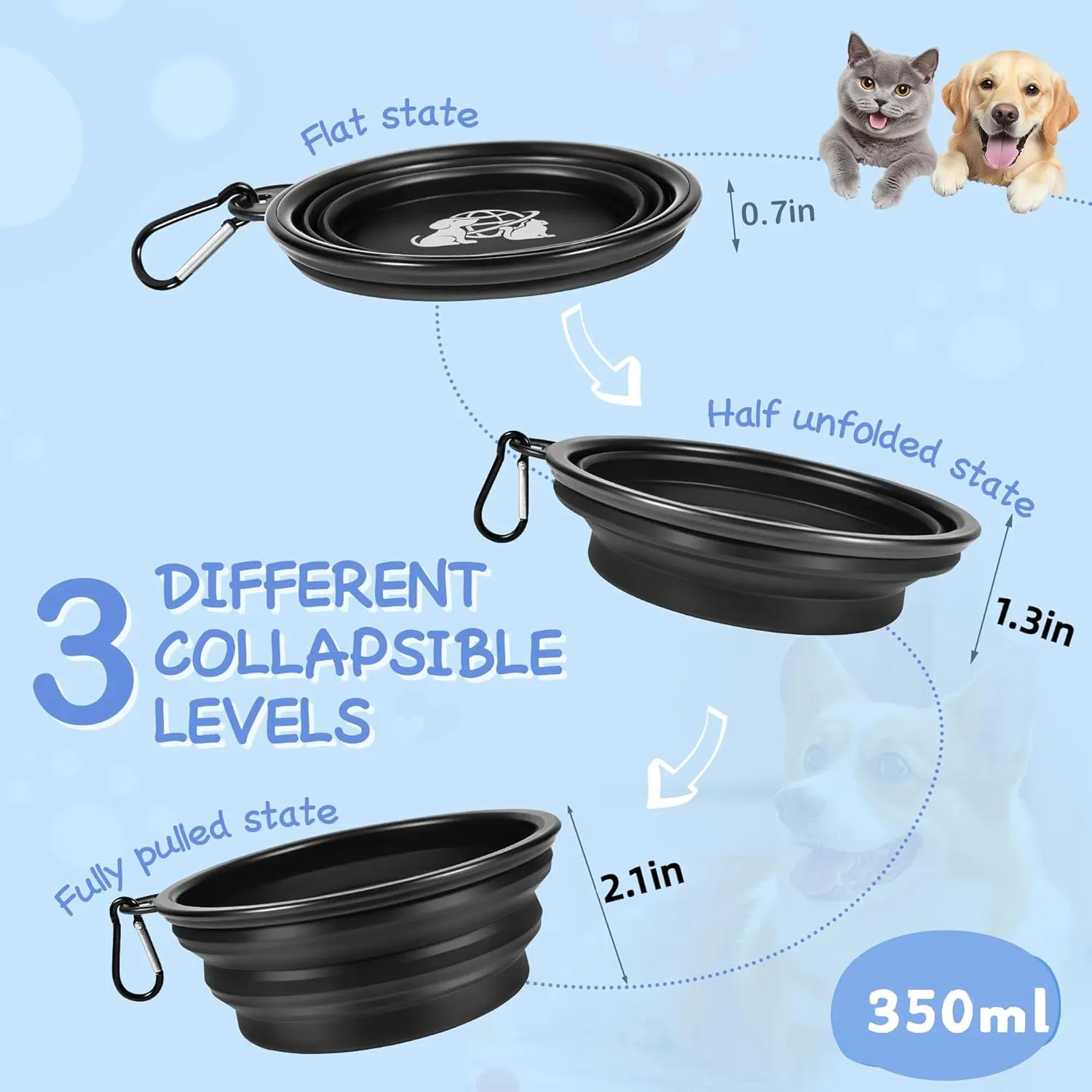 Portable Dog Bowls 2 Pack - Collapsible Silicone Travel Dog Bowls for Small, Medium & Large Dogs, Foldable Outdoor Bowl with Clip, Lightweight for Hiking Camping BackpackingSmall