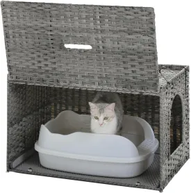 Rattan Cat Litter Box Enclosure - Hidden Litter Box Furniture by Handwoven Wicker with Taller Doorway & Raised Edge Mat-Cat House Cabinet for Large Cats Indoor Living Room Odor Control, Gray