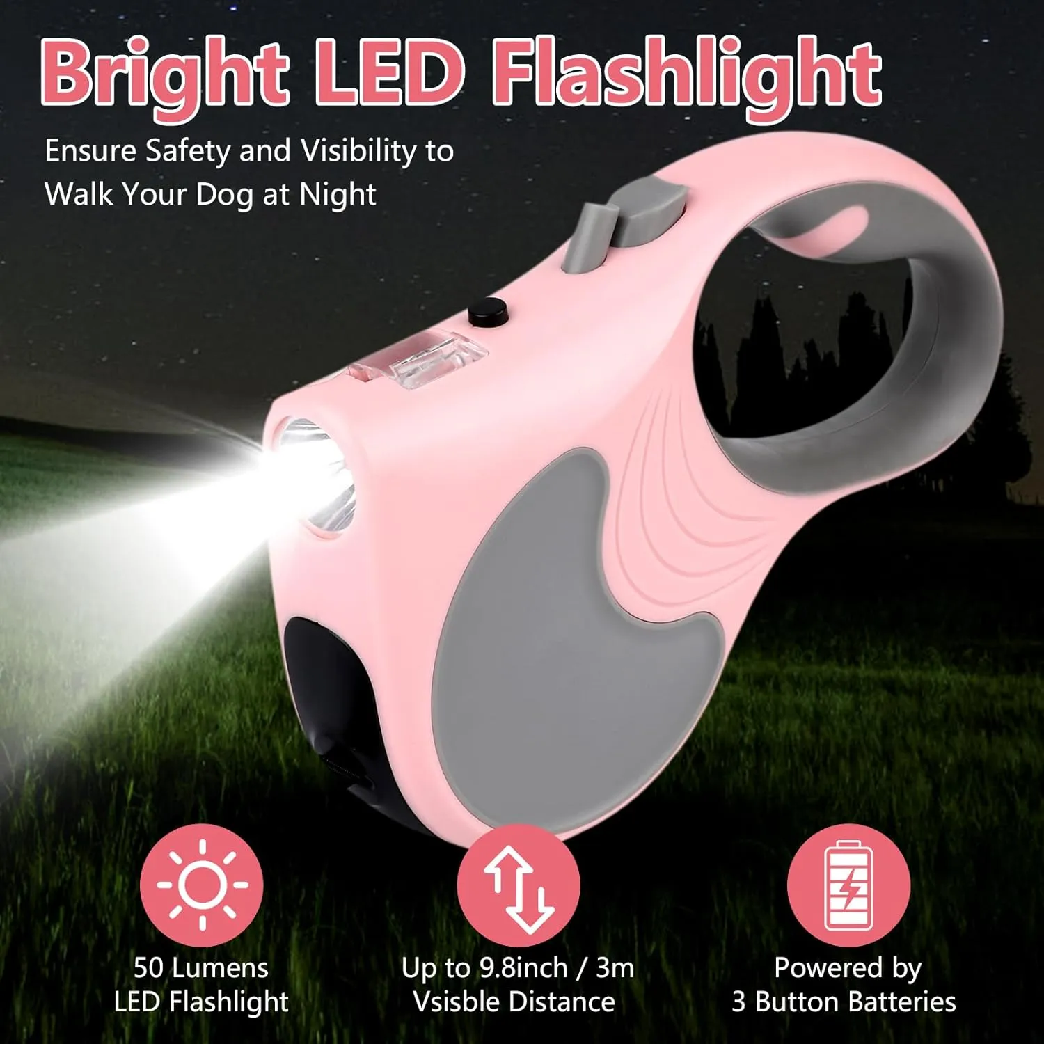 Retractable Dog Leash with Flashlight 16ft Walking Leash for Dogs up to 77lbs, 360 Tangle-Free Nylon Tape Anti-Slip Handle -Pink