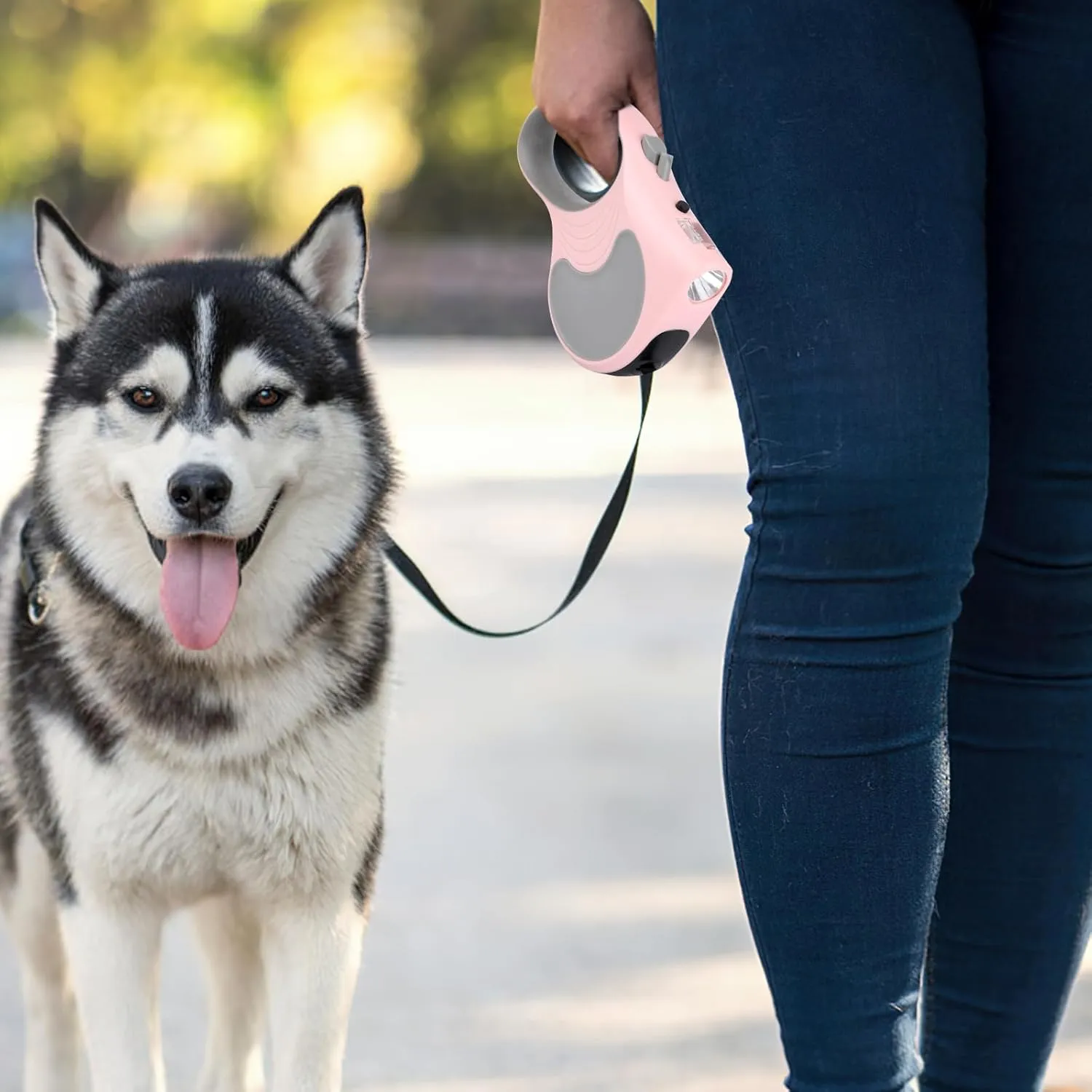 Retractable Dog Leash with Flashlight 16ft Walking Leash for Dogs up to 77lbs, 360 Tangle-Free Nylon Tape Anti-Slip Handle -Pink