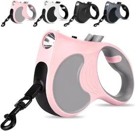 Retractable Dog Leash with Flashlight 16ft Walking Leash for Dogs up to 77lbs, 360 Tangle-Free Nylon Tape Anti-Slip Handle -Pink