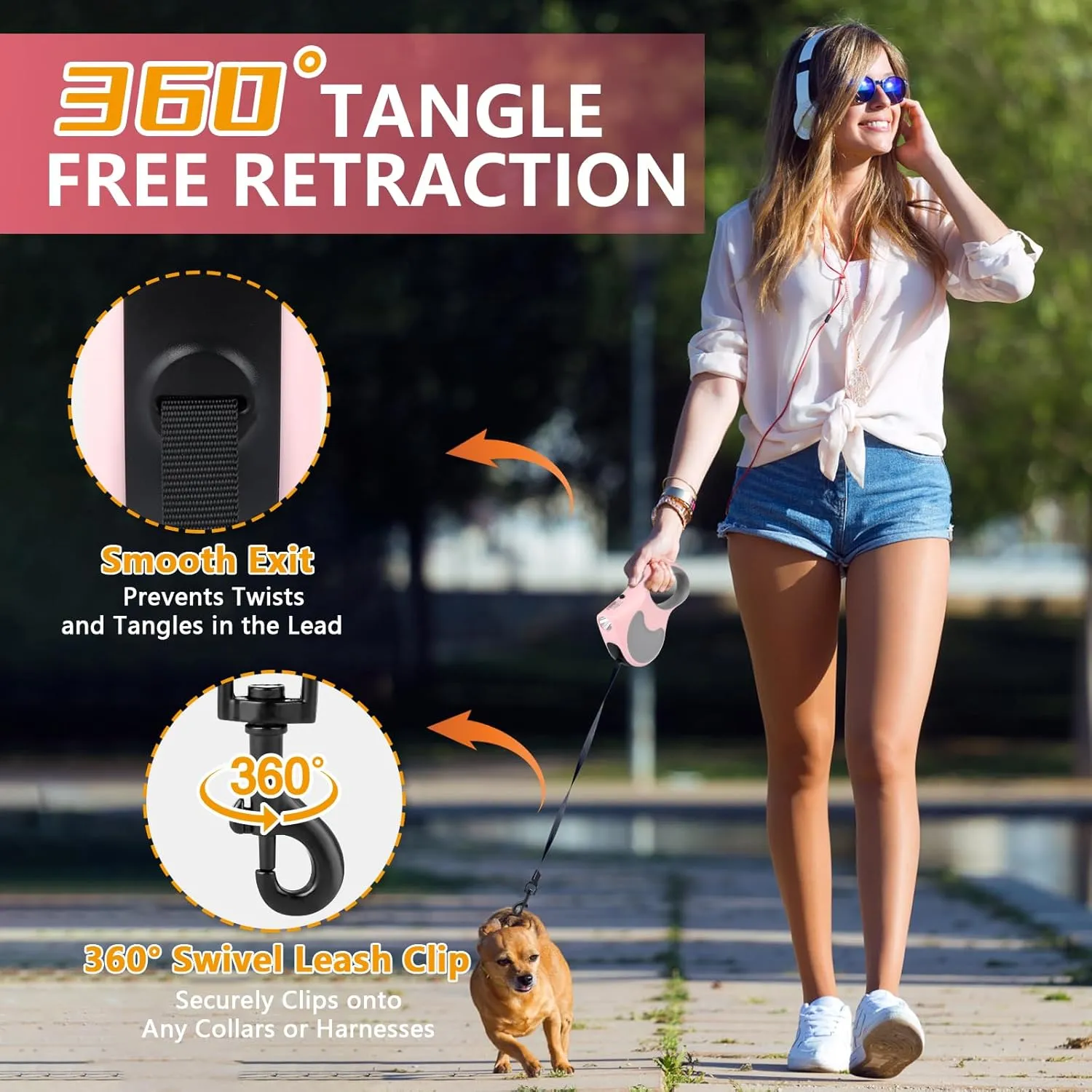 Retractable Dog Leash with Flashlight 16ft Walking Leash for Dogs up to 77lbs, 360 Tangle-Free Nylon Tape Anti-Slip Handle -Pink