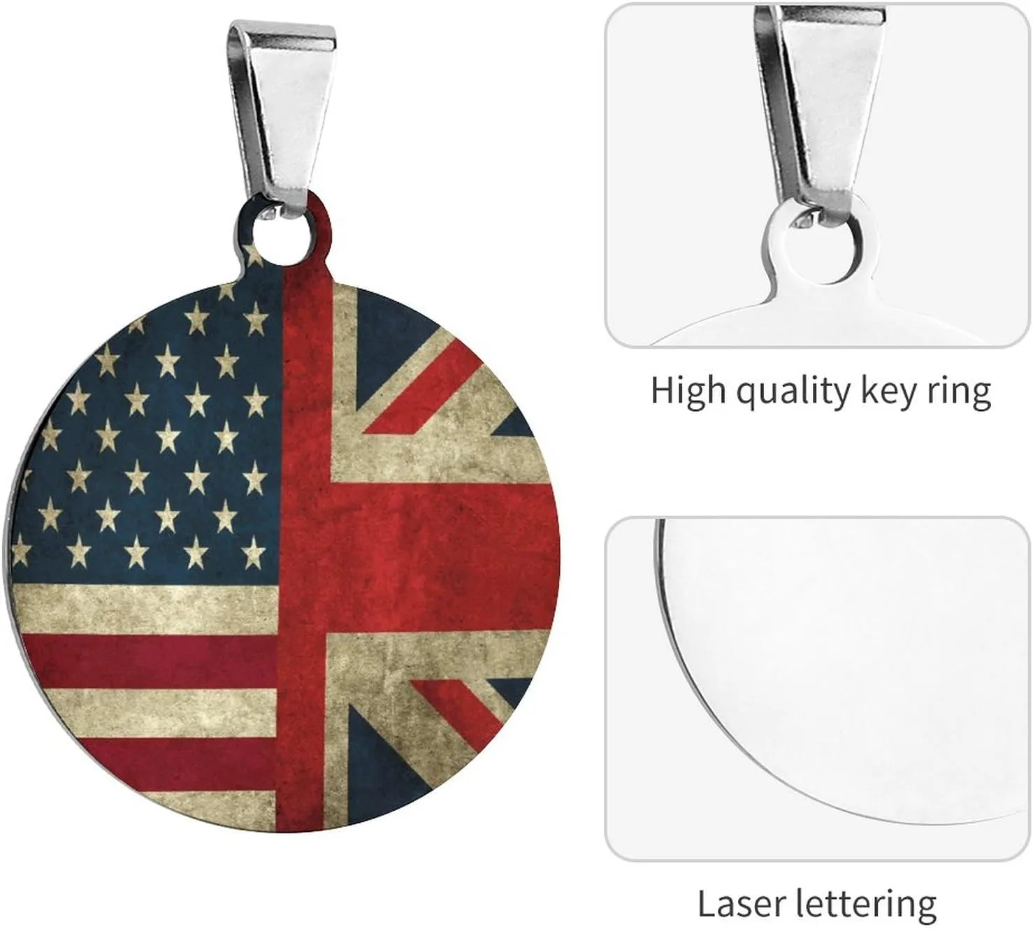Retro American and The Union Jack Flag Stainless Steel Pet ID Tags Personalized Dog and Cat Tags Cute Collar Tags Circular