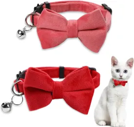 Sliverdew 2 Pcs Safety Cat Collar with Bell Breakaway Bow Tie Cat Collar Adjustable Velvet Kitten Collars Small Puppy Bowtie Collar for Wedding Birthday Party