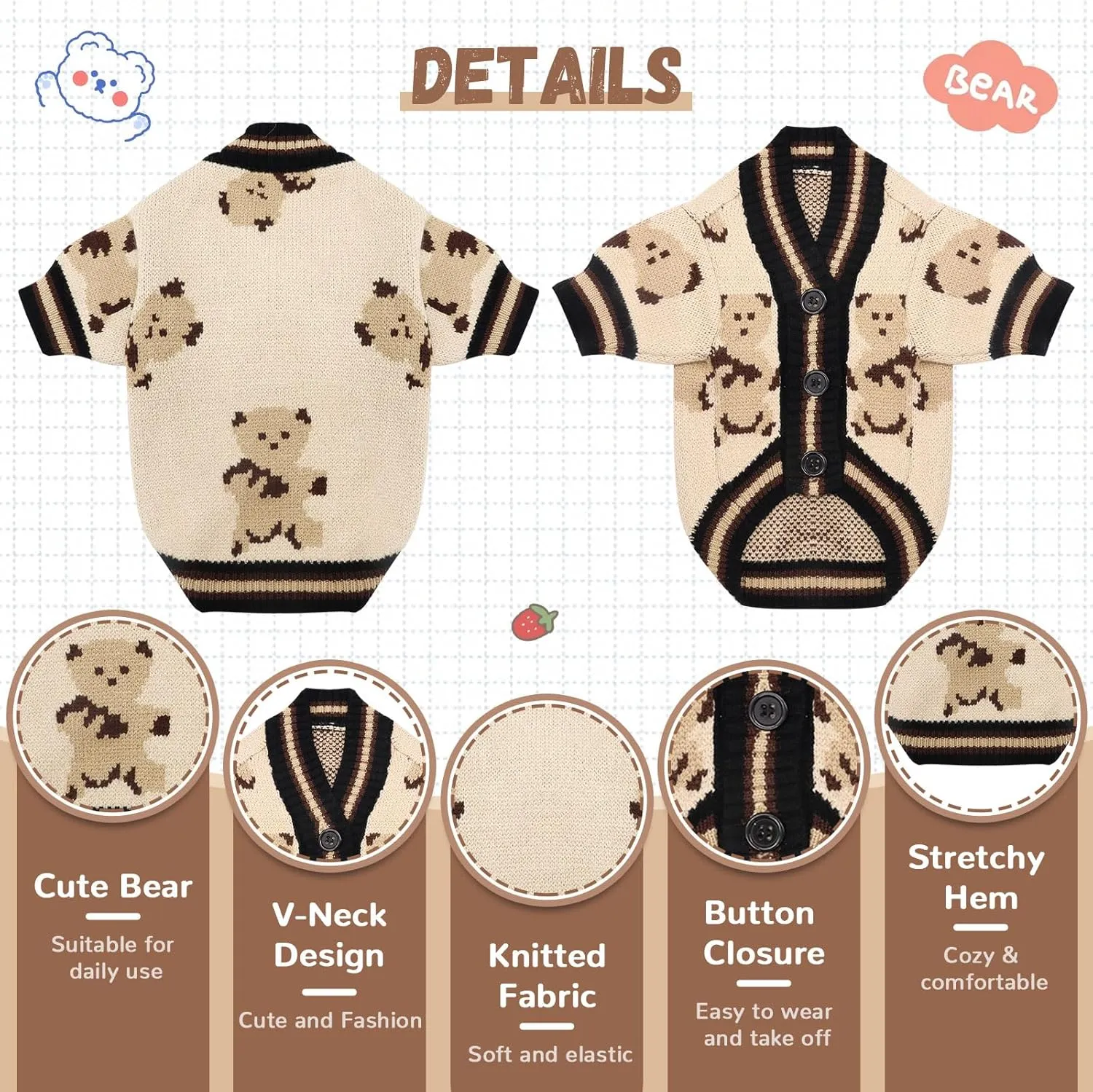 Small Sweaters Cute Bear Cardigans for Small Medium Dogs Boy Girl Puppy Cat Knitting Cardigan Outfits Winter Coats Warm Pet Clothes Soft Knitwear Apparel (Beige,M)