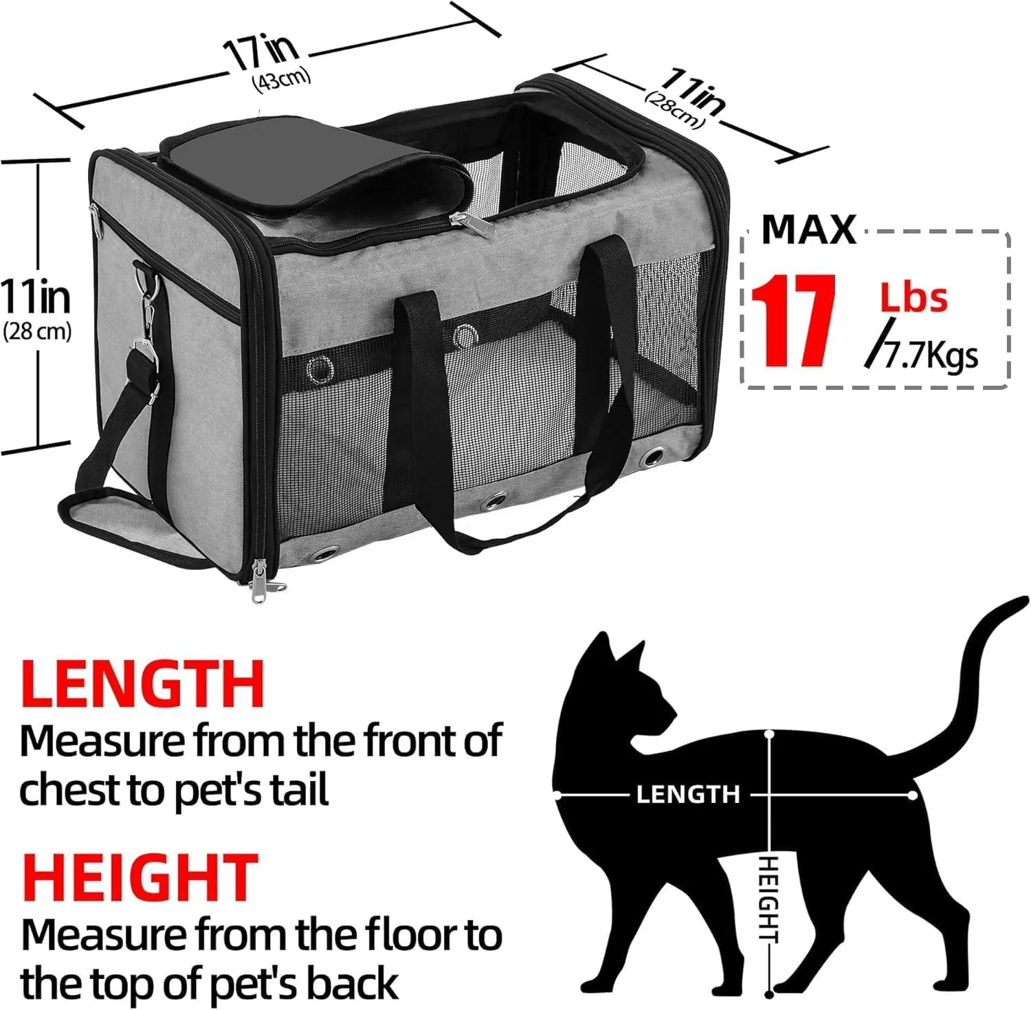 Soft Sided Cat/Dog Carrier,Collapsible Pets Travel Carriers for Pet/Puppy with Shoulder Strap & Removable Mat,Mesh Top Load Small Dogs/Cats Carry Bag Up to 17 Lbs TSA Airline ApprovedGrey,M