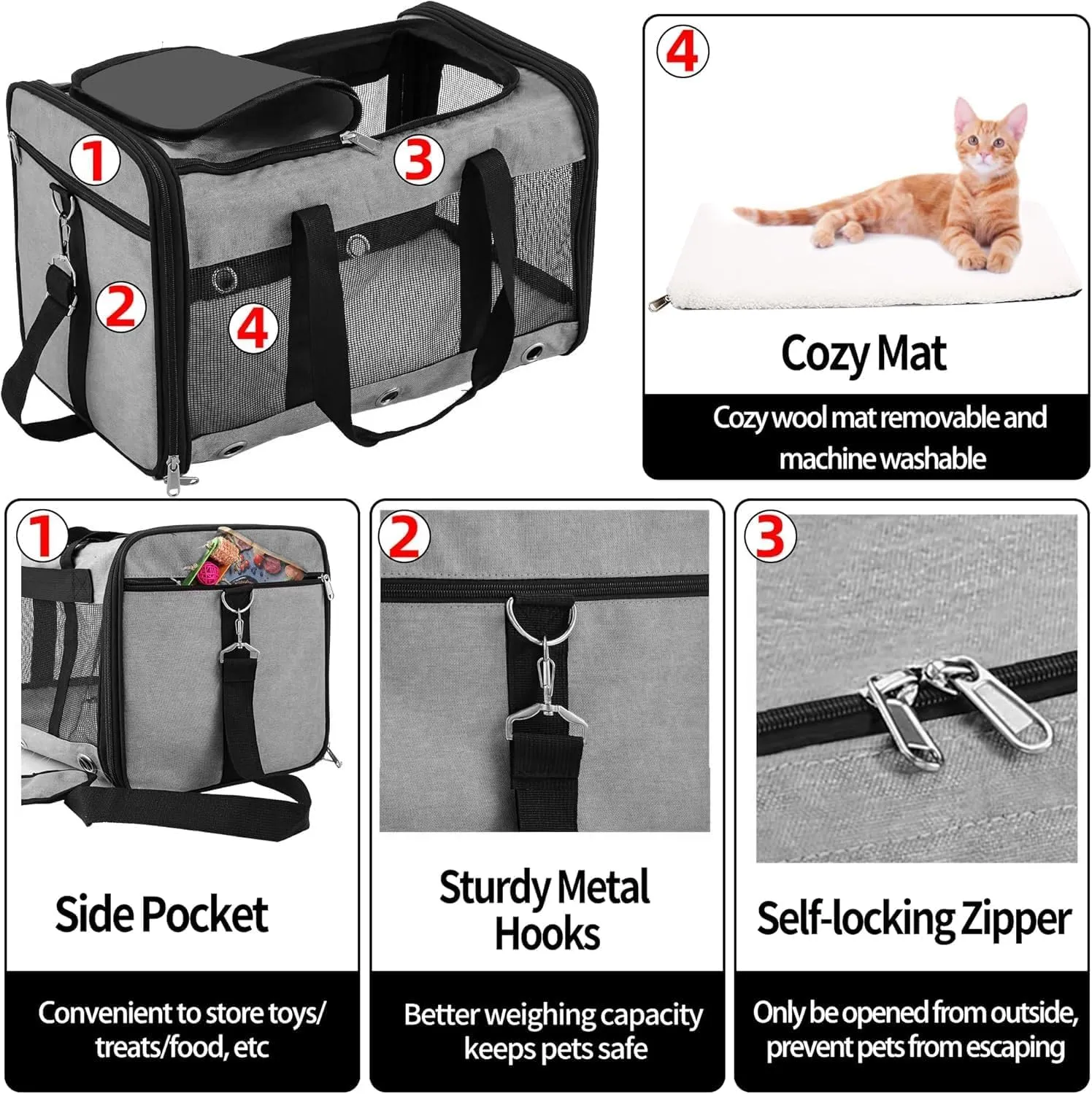 Soft Sided Cat/Dog Carrier,Collapsible Pets Travel Carriers for Pet/Puppy with Shoulder Strap & Removable Mat,Mesh Top Load Small Dogs/Cats Carry Bag Up to 17 Lbs TSA Airline ApprovedGrey,M